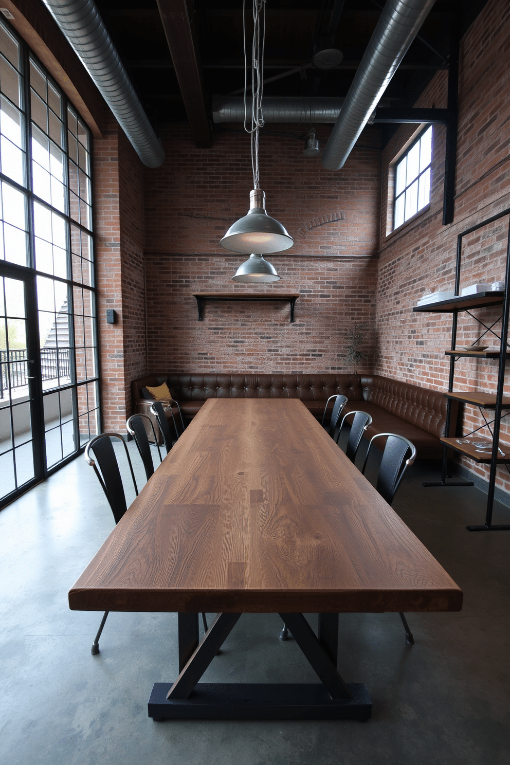 An industrial-style dining room features a large wooden table with a distressed finish, surrounded by metal chairs with a sleek design. Exposed brick walls and large windows allow natural light to flood the space, highlighting the metal fixtures and pendant lighting hanging above the table. The L-shaped layout creates a cozy nook for intimate gatherings, with a bench seat upholstered in leather against the wall. Industrial accents, such as a metal shelving unit and concrete flooring, enhance the overall aesthetic while providing functional storage and display options.