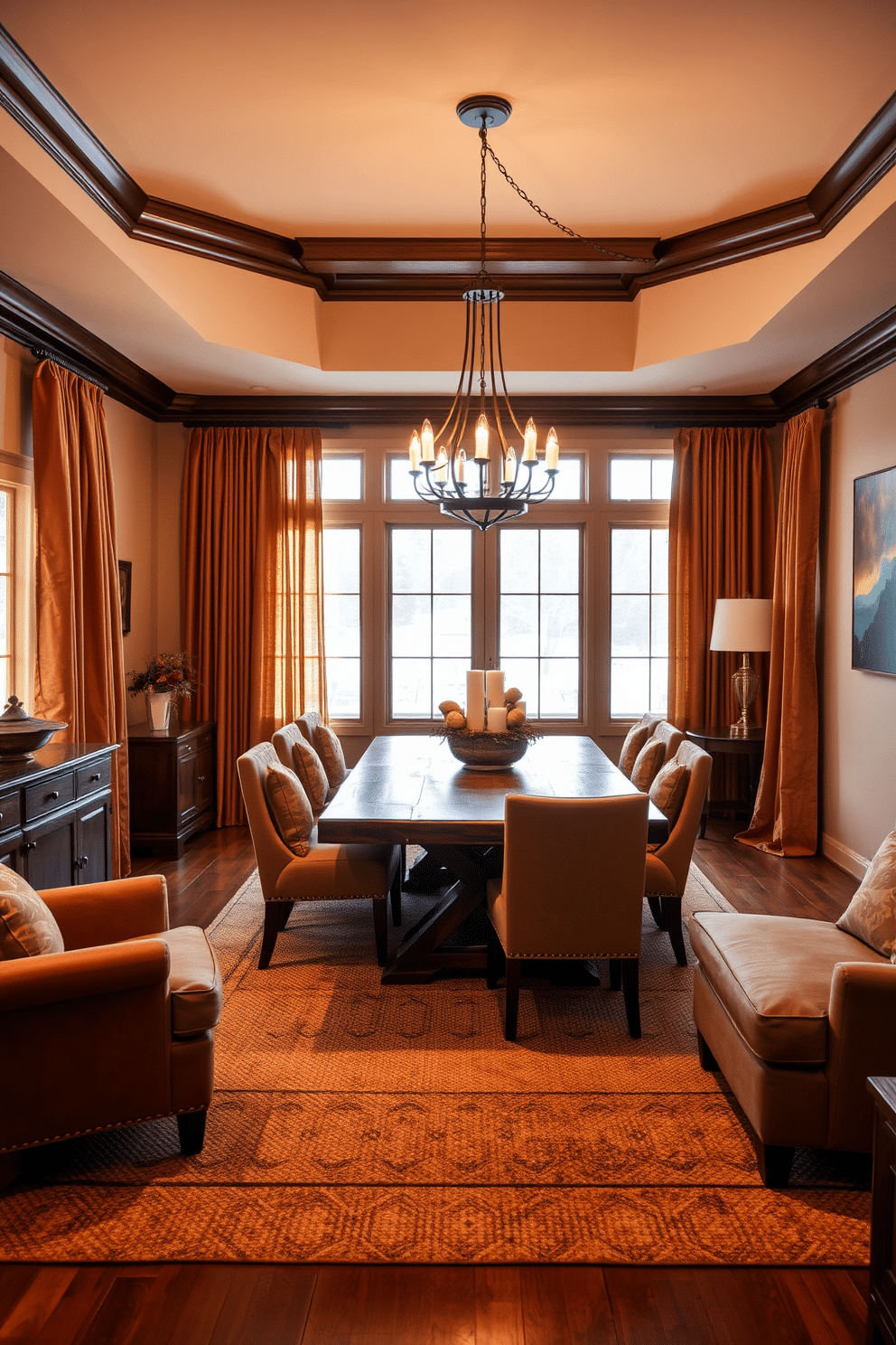 A warm and inviting L-shaped dining room features rich wooden furniture and soft, cozy textiles. The walls are painted in a soft beige, complemented by warm-toned curtains that gently filter the sunlight. A large, rustic wooden dining table sits at the center, surrounded by plush upholstered chairs in earthy tones. A statement chandelier hangs above, casting a warm glow over the space, while a textured area rug adds comfort underfoot.