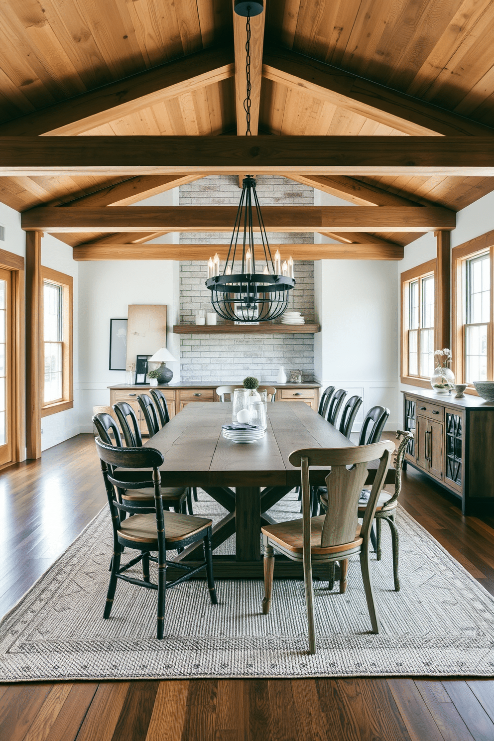 A modern farmhouse dining room features a large, rustic wooden table surrounded by mismatched chairs, each with its own unique character. The room is adorned with exposed wooden beams overhead, and a cozy area rug anchors the space beneath the table. Large windows allow natural light to flood in, highlighting the warm tones of the wood accents throughout. A statement chandelier made of wrought iron hangs above the table, adding an elegant touch to the casual atmosphere.