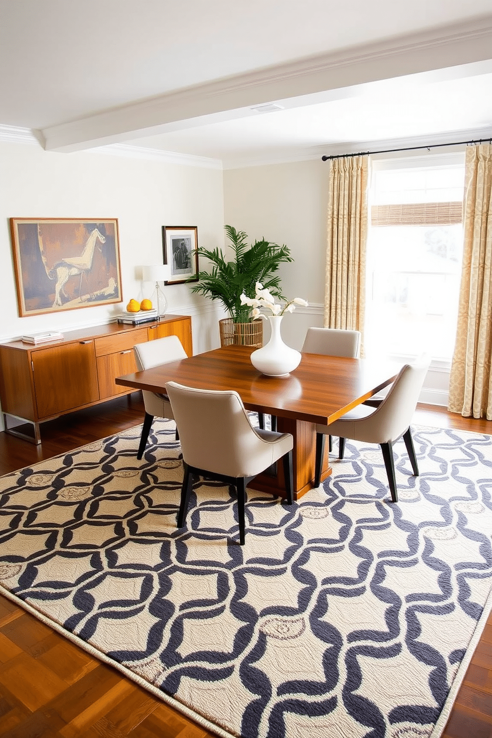 A statement rug anchors the L-shaped dining room, featuring a bold geometric pattern that adds visual interest. Surrounding the rug, a sleek wooden dining table is paired with upholstered chairs in a complementary color, creating an inviting and stylish atmosphere.