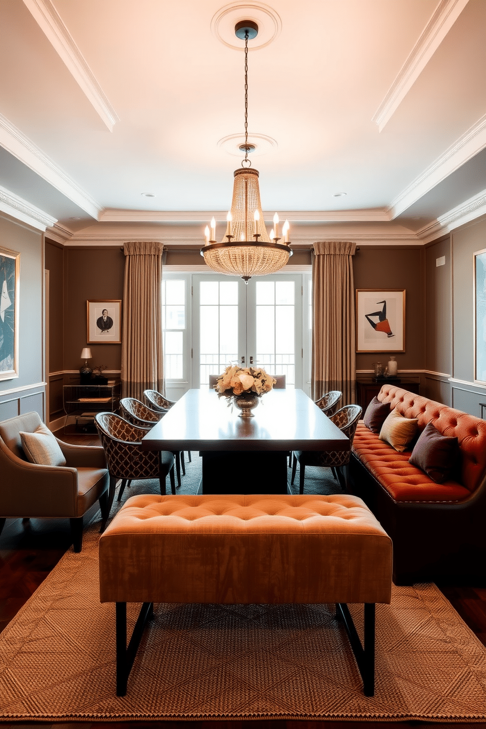 A stylish dining room featuring an L-shaped layout with a large wooden table at the center, surrounded by a mix of upholstered chairs and a long dining bench for extra seating. The walls are adorned with elegant artwork, and a statement chandelier hangs above the table, casting a warm glow over the space. The dining bench is upholstered in a rich fabric, complementing the color scheme of the room. A textured area rug lies beneath the table, adding warmth and defining the dining area within the open space.