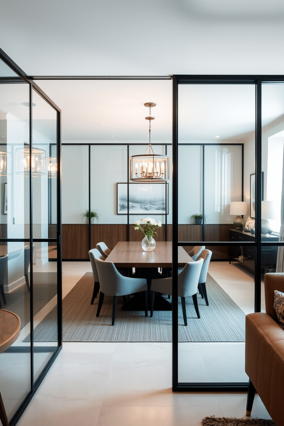 A modern dining area featuring glass partitions that create defined spaces while maintaining an open feel. The L-shaped dining room includes a sleek wooden table surrounded by upholstered chairs, with a contemporary chandelier hanging above. The glass partitions are framed in black metal, adding a touch of elegance and sophistication. Soft, ambient lighting enhances the warm tones of the wooden furniture and complements the stylish decor throughout the room.