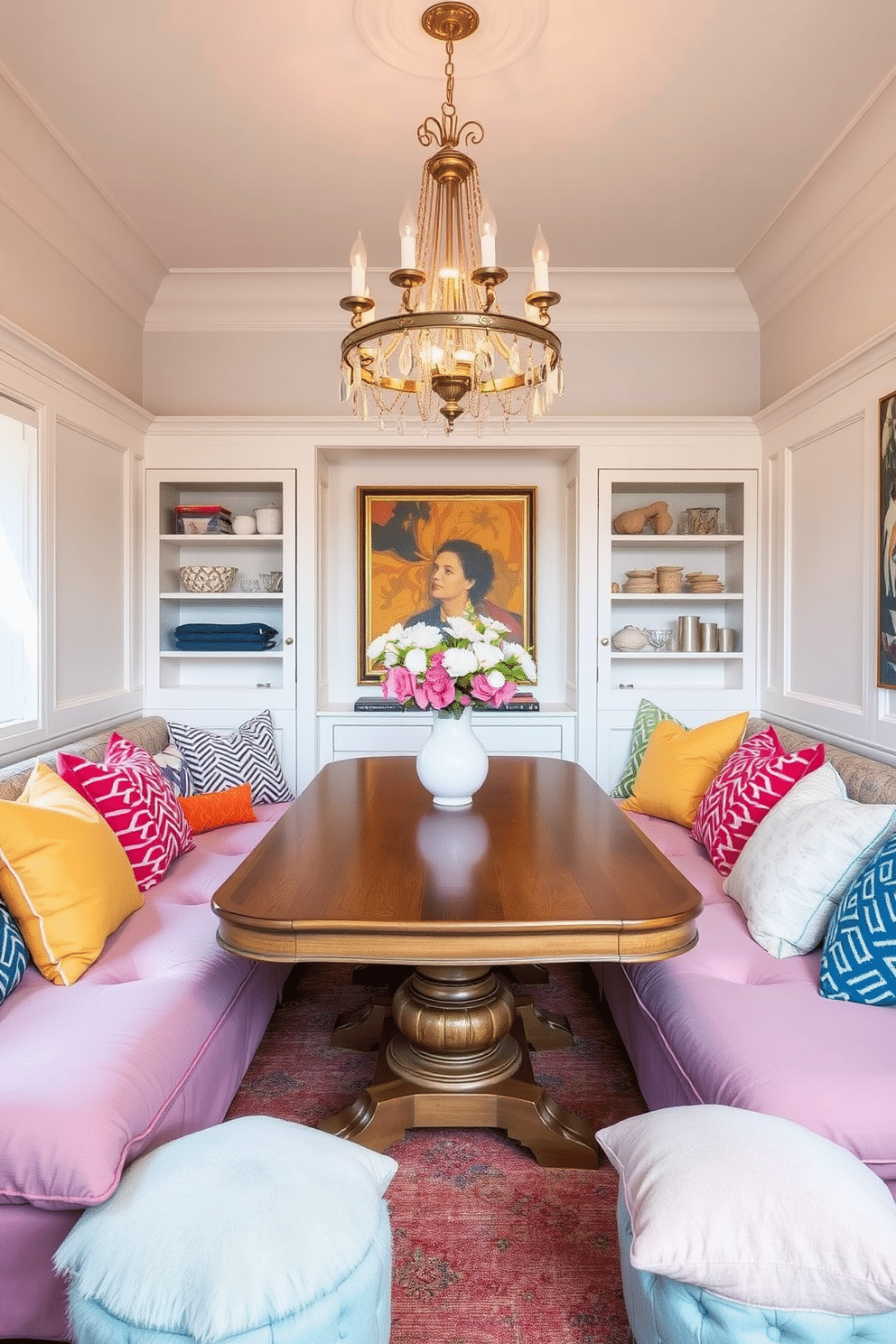 A vibrant dining room featuring an L-shaped layout, where an elegant wooden table is surrounded by plush, colorful cushions in various patterns and textures. The walls are painted a soft white, enhancing the playful atmosphere created by the cushions, while a statement chandelier adds a touch of sophistication overhead.