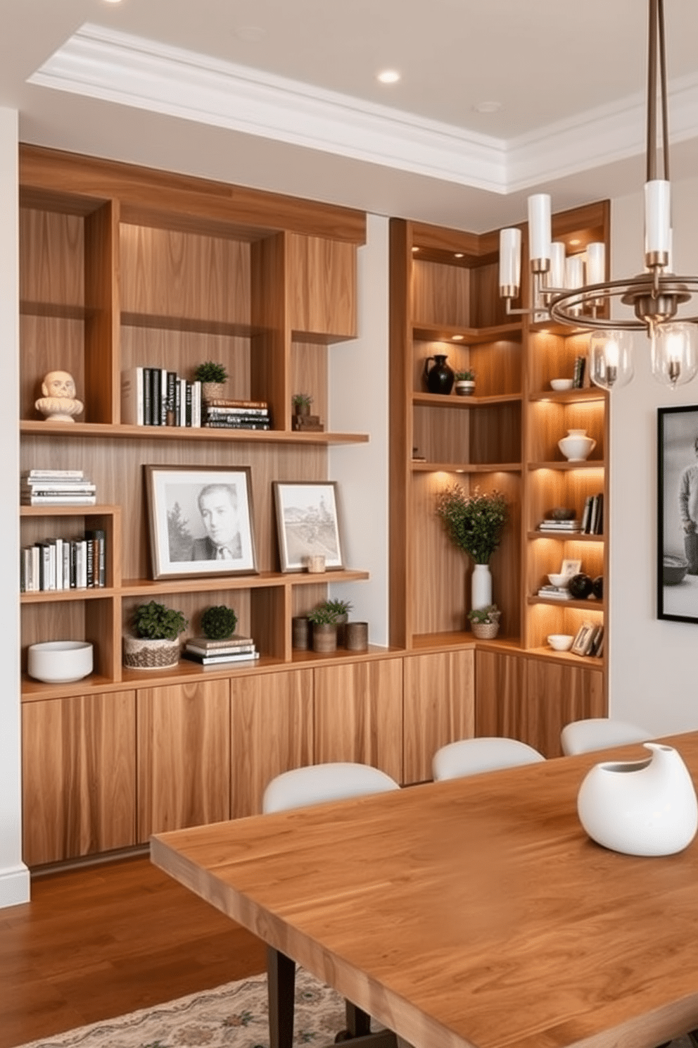 A cozy dining room featuring built-in shelves that elegantly display decorative items. The shelves are crafted from rich oak wood, seamlessly integrated into the wall, adorned with curated books, plants, and art pieces. An L-shaped dining room design that maximizes space while providing a warm atmosphere for gatherings. The dining table is set against one wall, complemented by stylish chairs, with soft lighting from a modern chandelier hanging overhead.