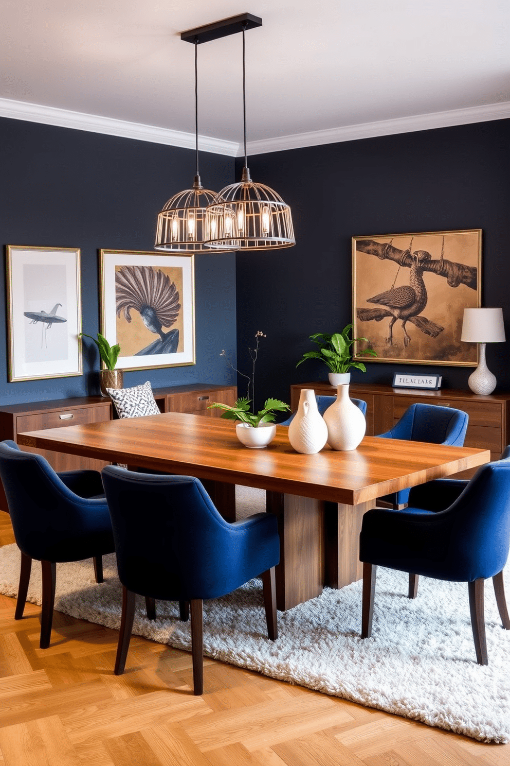 A stunning L-shaped dining room features a sleek wooden table surrounded by upholstered chairs in a rich navy hue. Above the table, elegant pendant lights with a modern design hang, casting a warm glow that enhances the room's inviting atmosphere. The walls are adorned with tasteful artwork, adding a personal touch to the space. A plush area rug anchors the seating arrangement, while strategically placed plants bring a refreshing element of nature indoors.