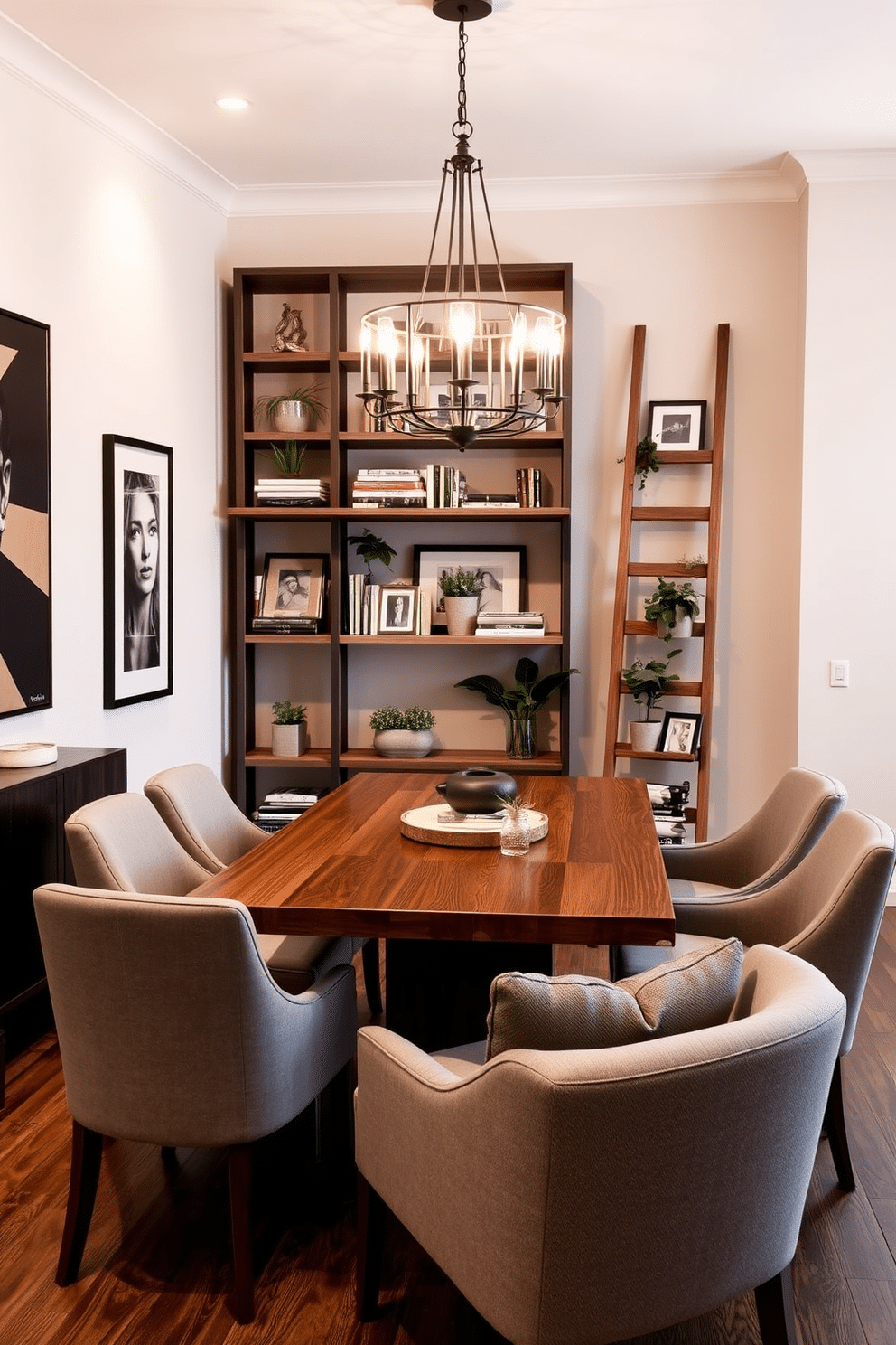 A stylish L-shaped dining room features a sleek wooden table surrounded by upholstered chairs in a soft gray fabric. The walls are adorned with elegant artwork, and a statement chandelier hangs above the table, casting a warm glow over the space. The ladder shelves are crafted from reclaimed wood, leaning against a light-colored wall, providing vertical storage for books and decorative items. Potted plants and framed photos add a personal touch, while a cozy reading nook is created below the shelves with a plush armchair and a small side table.