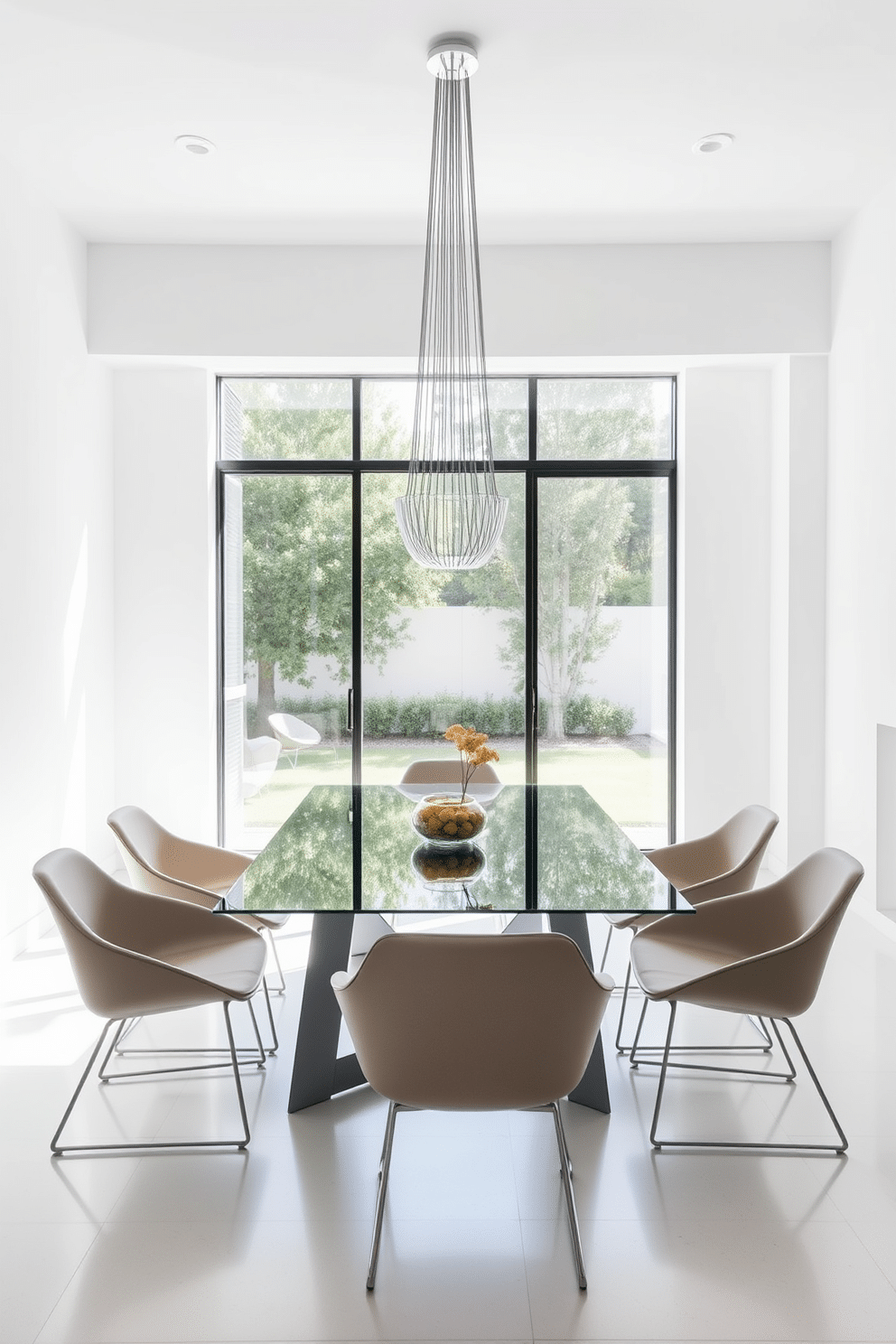 A sleek minimalism dining room features a glass table with clean lines, surrounded by modern, low-profile chairs that enhance the open feel of the space. The walls are painted in a soft white, and a large window allows natural light to flood the room, creating an airy atmosphere. Incorporating an L-shaped design, the layout maximizes seating while maintaining a spacious flow. A statement pendant light hangs above the table, adding a touch of elegance to the minimalist aesthetic.