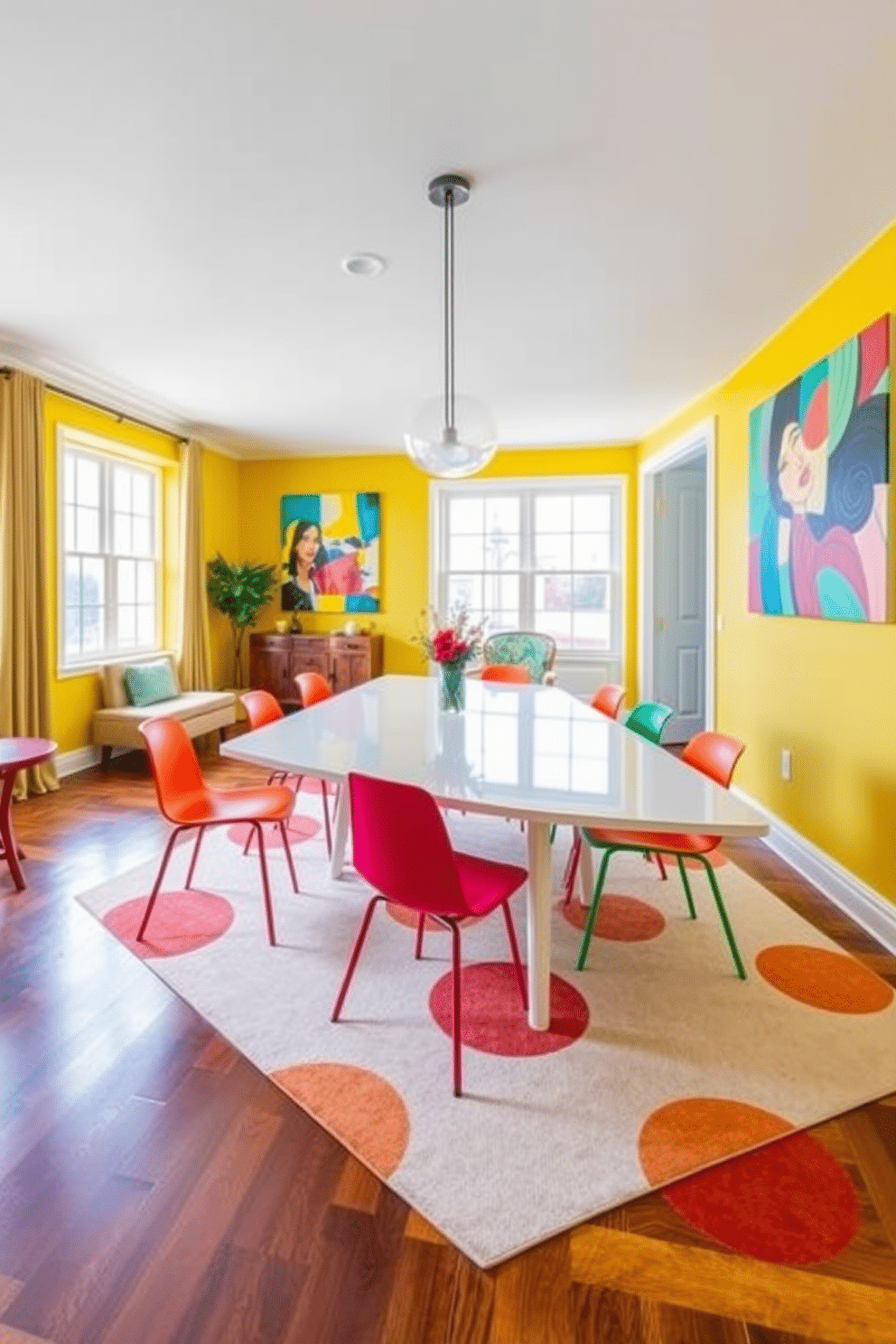 A vibrant L-shaped dining room filled with bright colors that create a cheerful ambiance. The walls are painted in a sunny yellow, complemented by a bold turquoise accent wall, while a large, abstract artwork brings energy to the space. The dining table is a sleek white with colorful chairs in red, orange, and green, arranged to invite lively conversations. A playful area rug with geometric patterns anchors the space, and large windows allow natural light to flood in, enhancing the joyful atmosphere.