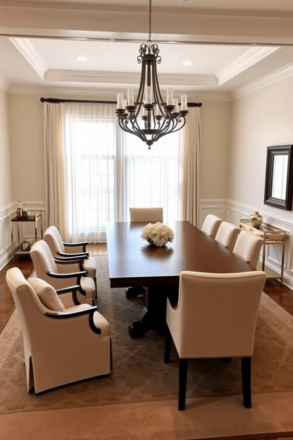 An elegant chandelier hangs gracefully above a large, rectangular dining table made of rich mahogany, surrounded by plush upholstered chairs in a soft cream color. The walls are adorned with subtle wainscoting, and large windows draped with sheer white curtains allow natural light to filter in, enhancing the warmth of the space. In one corner, a stylish bar cart with polished brass accents complements the decor, while a decorative area rug anchors the seating arrangement. The L-shaped layout of the dining room creates an inviting atmosphere, perfect for both intimate gatherings and larger dinner parties.