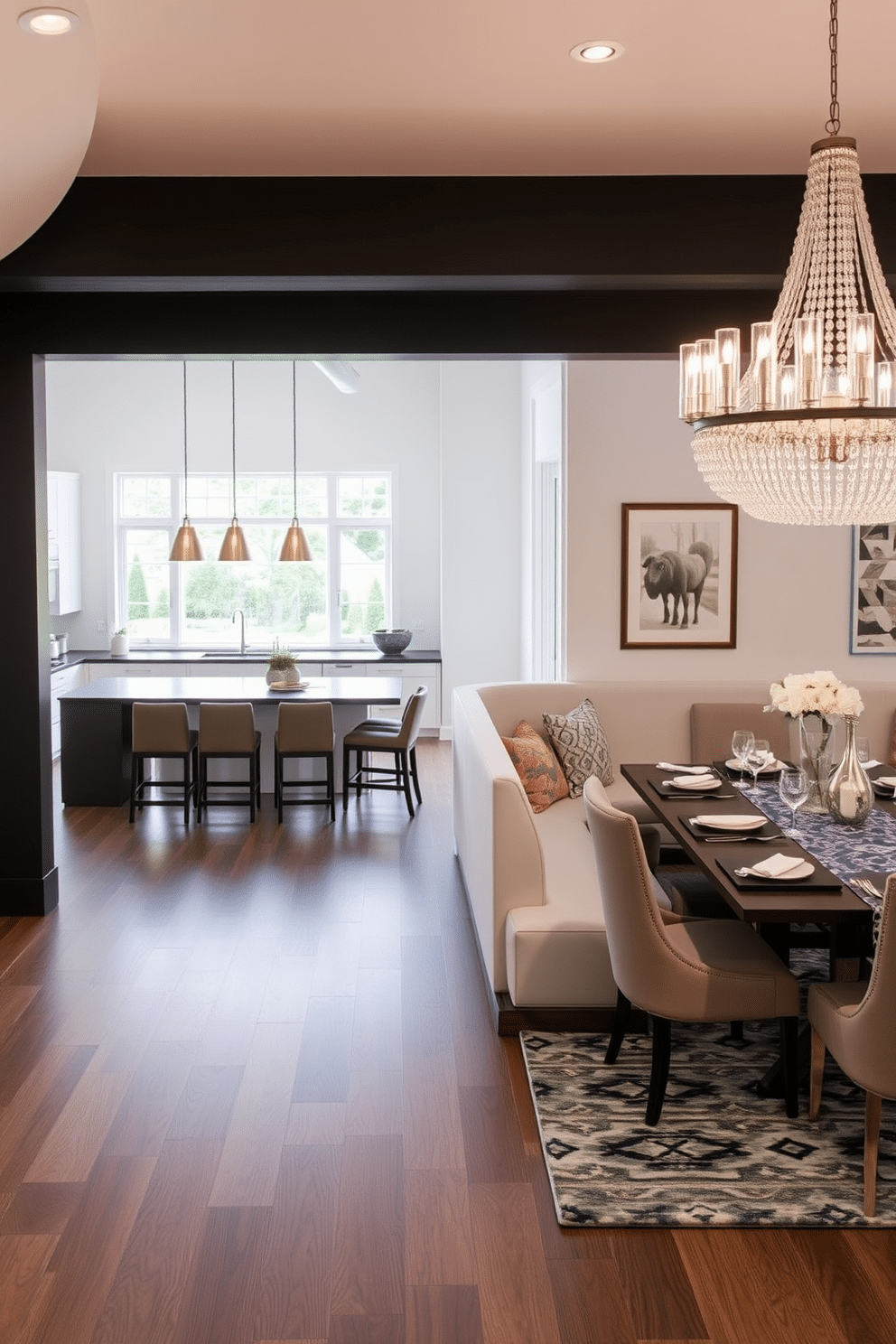 A modern open layout seamlessly connects the kitchen and dining area, featuring a large island that doubles as a breakfast bar. The dining space showcases a sleek, rectangular table surrounded by stylish chairs, with pendant lights hanging above to create an inviting atmosphere. In the L-shaped dining room, one side is dedicated to a cozy nook with a built-in bench, accented by colorful cushions. The other side features a formal dining table, elegantly set for a dinner party, with a statement chandelier overhead that enhances the room's sophistication.