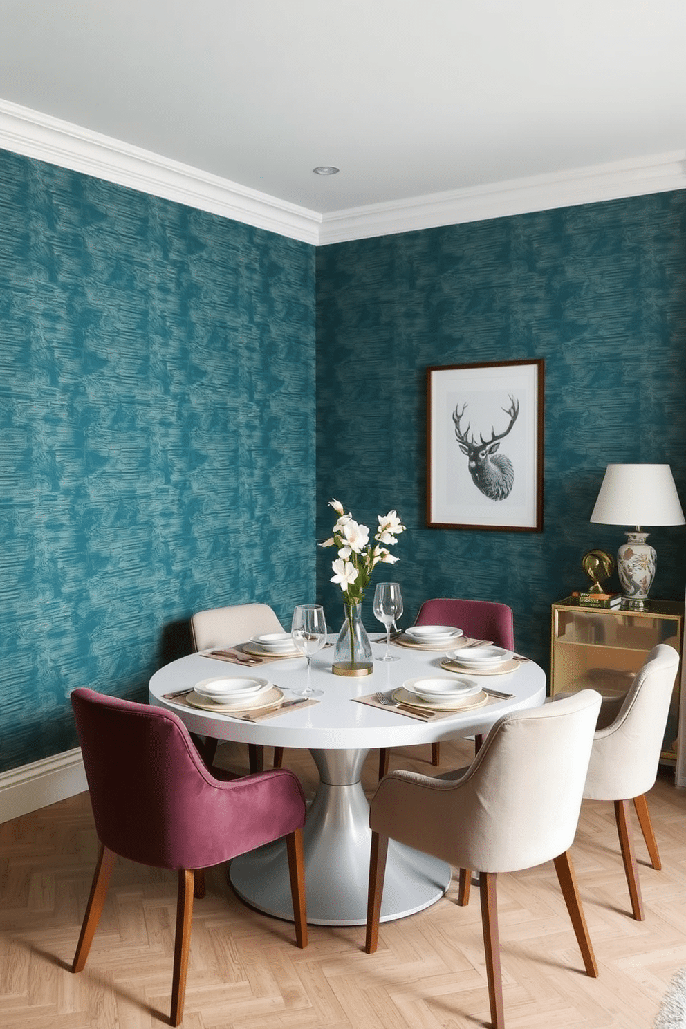 A stylish L-shaped dining room features textured wallpaper that adds depth and interest to the space. The dining table is elegantly set with modern tableware, surrounded by upholstered chairs that complement the wallpaper's color palette.