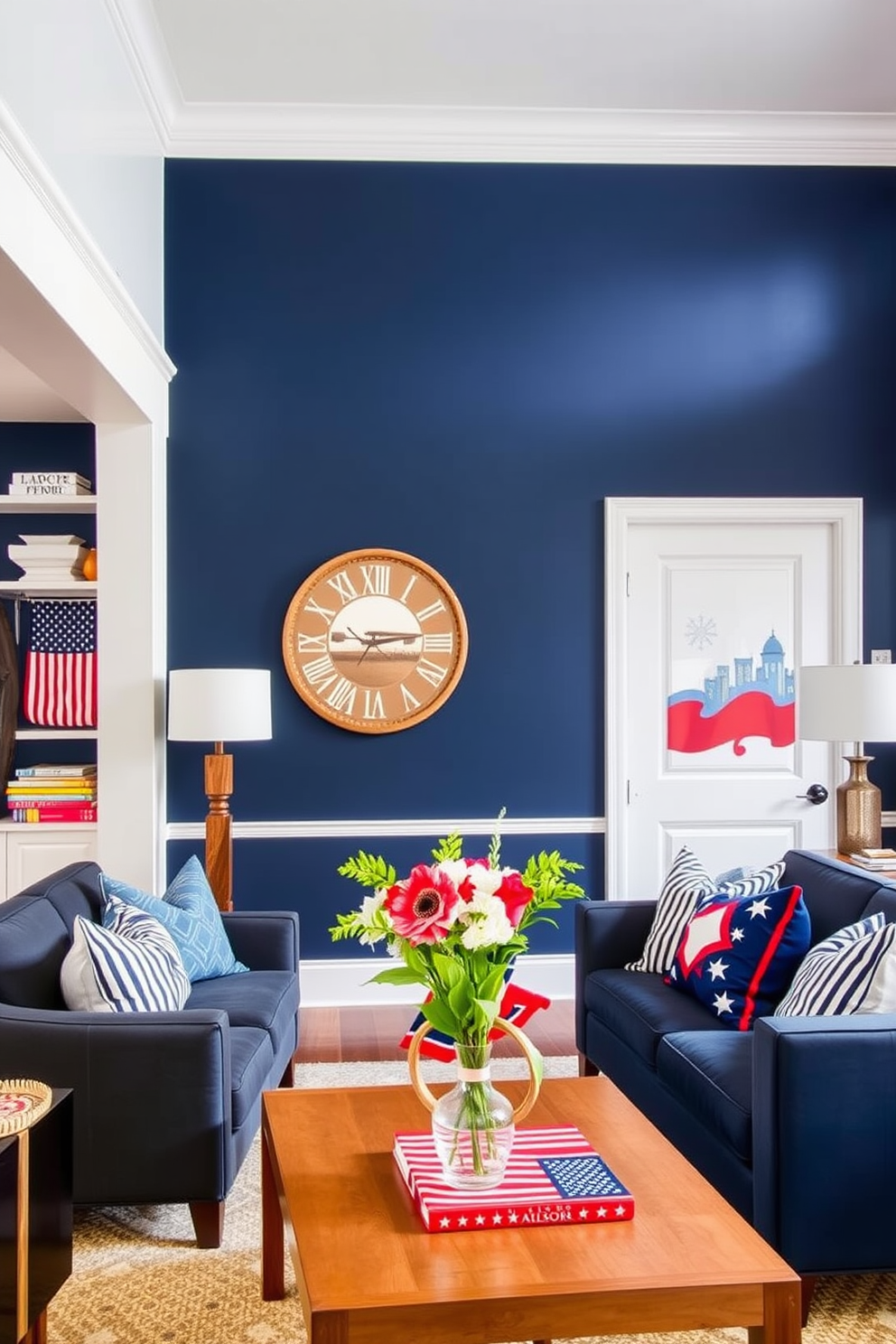 A striking accent wall painted in deep navy blue sets a bold tone for the living space. The surrounding walls are adorned in a soft white, creating a stunning contrast that enhances the room's depth. Incorporate Labor Day themed decor with vibrant red, white, and blue accents throughout the apartment. Festive throw pillows and a stylish table centerpiece can bring a celebratory atmosphere to your gathering.