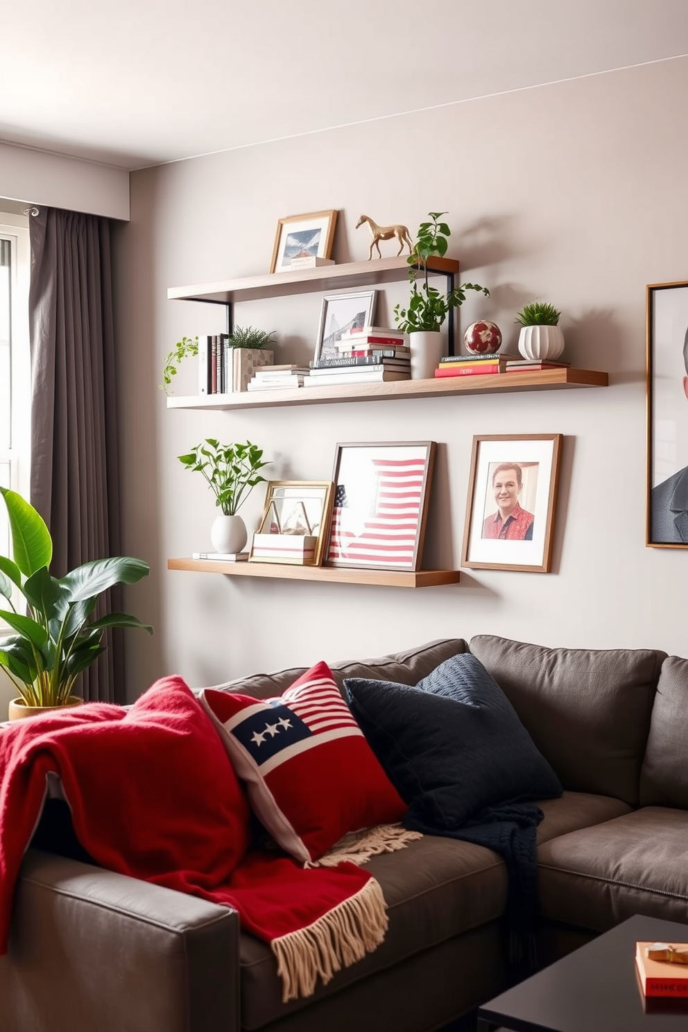 A modern living room featuring floating shelves that provide stylish storage solutions. The shelves are adorned with decorative books, plants, and art pieces, creating an inviting and organized atmosphere. Incorporate Labor Day themes into the apartment decor with cozy textiles and vibrant colors. Use red, white, and blue accents in throw pillows, blankets, and wall art to celebrate the holiday in a chic way.