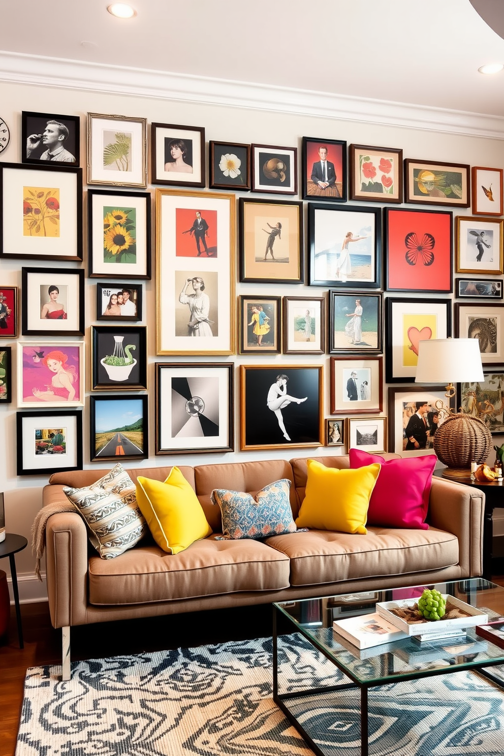 Create a vibrant gallery wall in a modern living room. The wall is adorned with an eclectic mix of framed artworks, photographs, and prints in various sizes, arranged in a visually appealing layout. Incorporate a cozy seating area in front of the gallery wall. Use a plush sofa with colorful throw pillows and a stylish coffee table to enhance the inviting atmosphere.