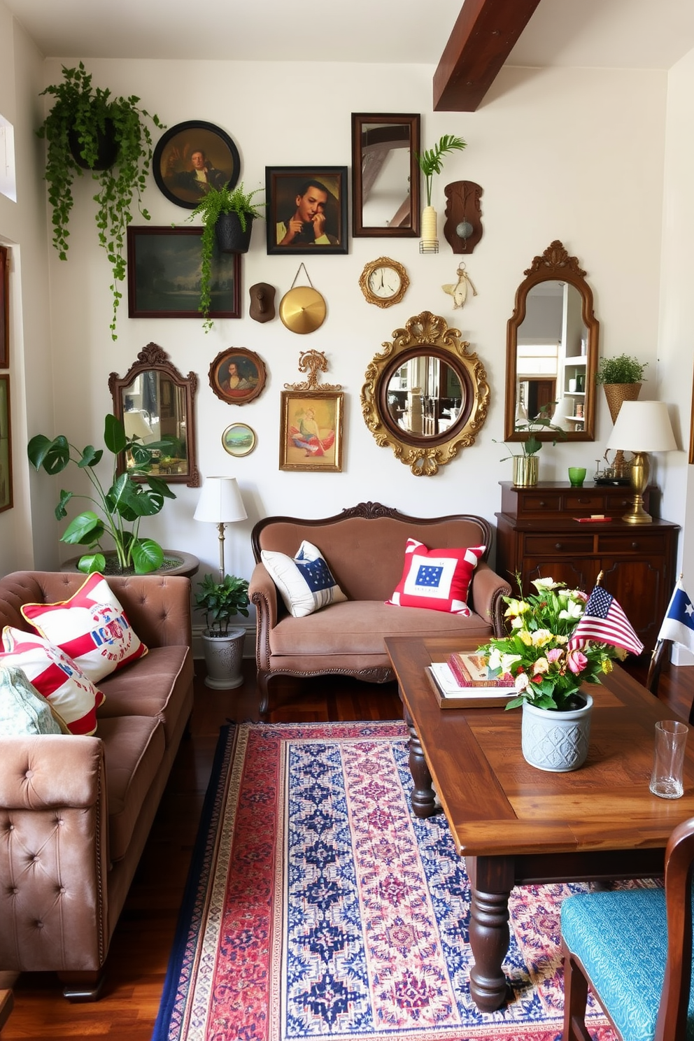 A cozy living room that showcases vintage finds for character. The space features a mix of antique furniture pieces, including a tufted velvet sofa and a reclaimed wood coffee table. On the walls, eclectic art pieces and vintage mirrors create visual interest. A patterned area rug ties the room together, while potted plants add a touch of greenery and warmth. For Labor Day, the apartment is adorned with festive decor in red, white, and blue. Subtle touches like themed throw pillows and a seasonal centerpiece on the dining table enhance the holiday spirit.