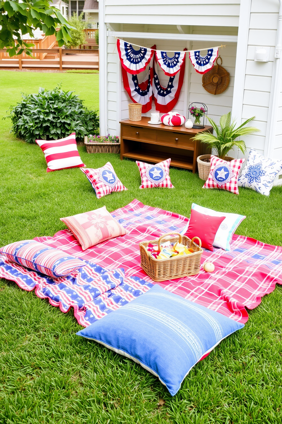 A cozy picnic area is set up on a lush green lawn. Colorful blankets are spread out, surrounded by vibrant cushions and a wicker basket filled with snacks. For Labor Day apartment decorating ideas, the living space is adorned with red, white, and blue accents. Festive banners and throw pillows create a welcoming atmosphere perfect for celebrating the holiday.