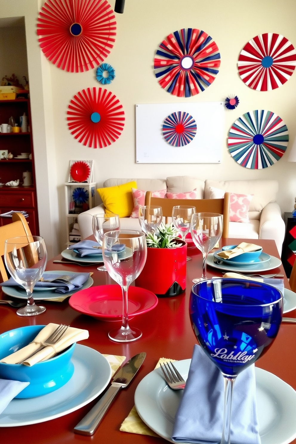 A vibrant dining table set for a festive meal. The table is adorned with colorful tableware including bright plates, cheerful napkins, and sparkling glassware. In the background, a cozy apartment setting features decorative accents reflecting the spirit of Labor Day. Striking red, white, and blue decorations hang from the walls, creating a warm and inviting atmosphere.