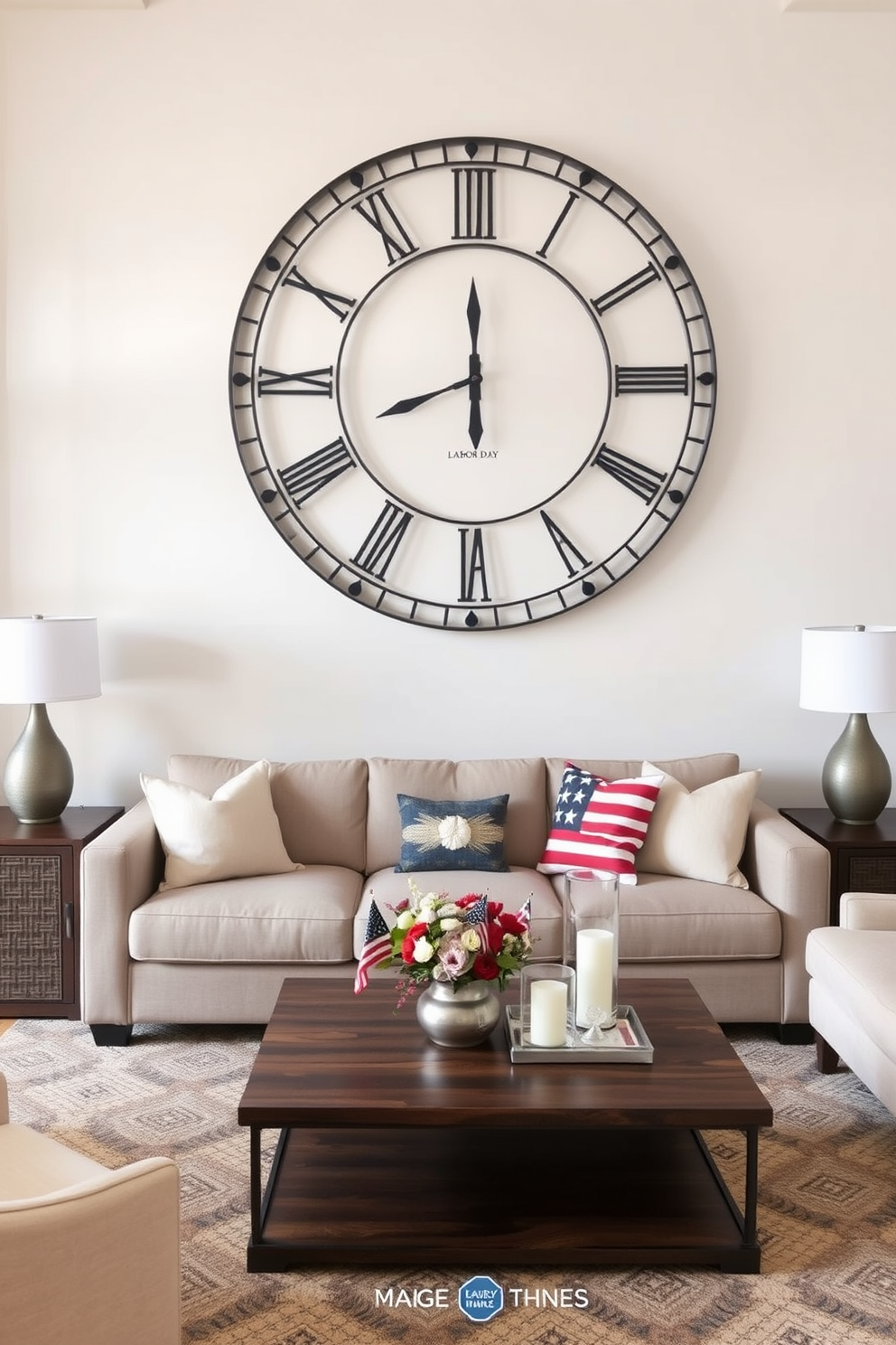 A modern living room featuring a large statement clock on the wall that serves as a focal point. The clock is surrounded by a minimalist design with neutral-toned furniture and a cozy area rug. Incorporate Labor Day themes with subtle decorations like red, white, and blue throw pillows on the sofa. Add a festive touch with a small table centerpiece of seasonal flowers and candles.