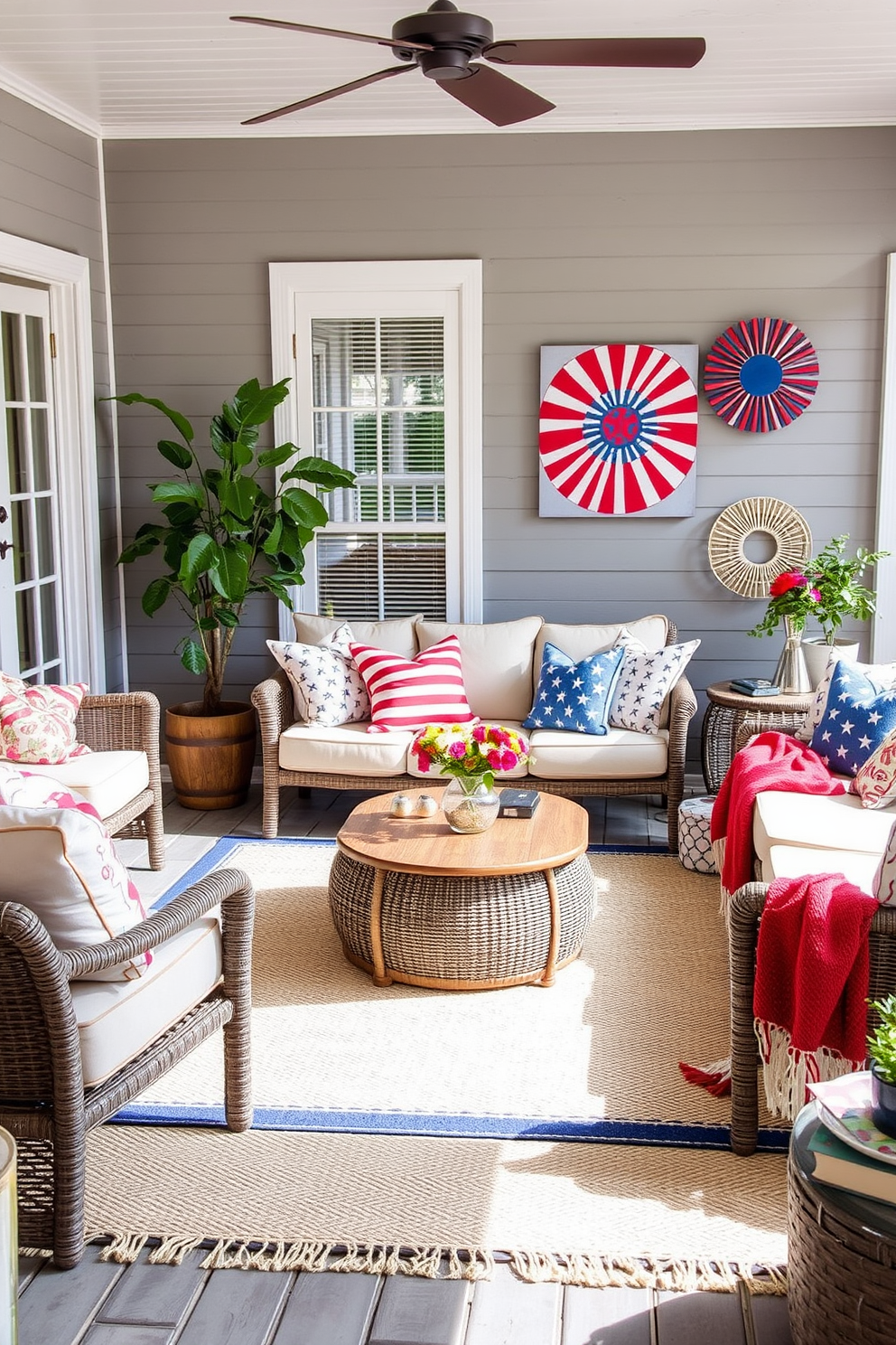 Create a cozy living room that seamlessly blends indoor and outdoor elements. A soft outdoor rug is placed in the center, providing comfort and texture to the space. Incorporate vibrant Labor Day decorations that celebrate the holiday's spirit. Use red, white, and blue accents through cushions, throws, and wall art to enhance the festive atmosphere.