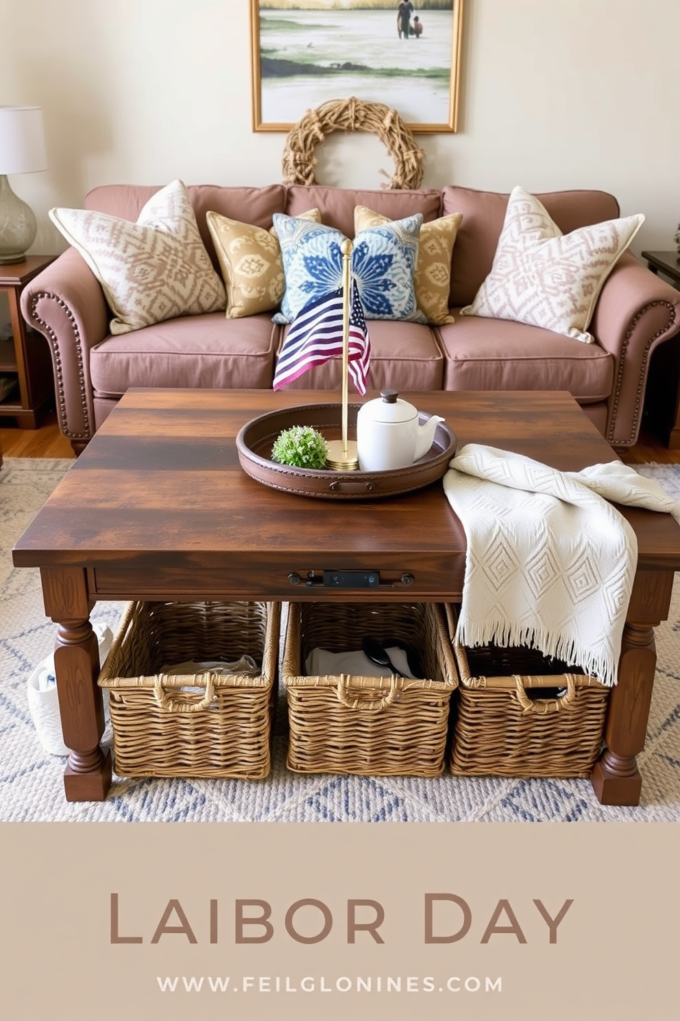 A cozy living room featuring stylish baskets for organized storage. The baskets are placed neatly under a rustic coffee table, adding both functionality and charm to the space. The room is adorned with warm, earthy tones and plush seating options. Decorative throw pillows and a soft area rug complete the inviting atmosphere, perfect for Labor Day celebrations.