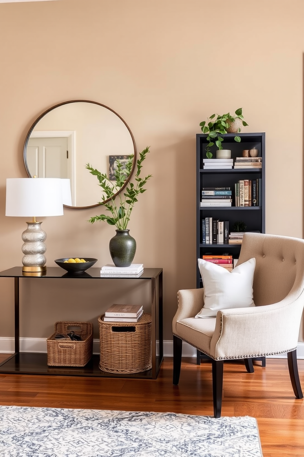 Create a welcoming entryway with decor that invites guests into your home. The space features a stylish console table topped with a decorative lamp and a bowl for keys, with a large round mirror above reflecting natural light. On one side, a cozy armchair with soft cushions sits beside a small bookshelf filled with curated books and plants. The walls are painted in a warm neutral tone, and a patterned runner rug adds texture and warmth to the hardwood floor.