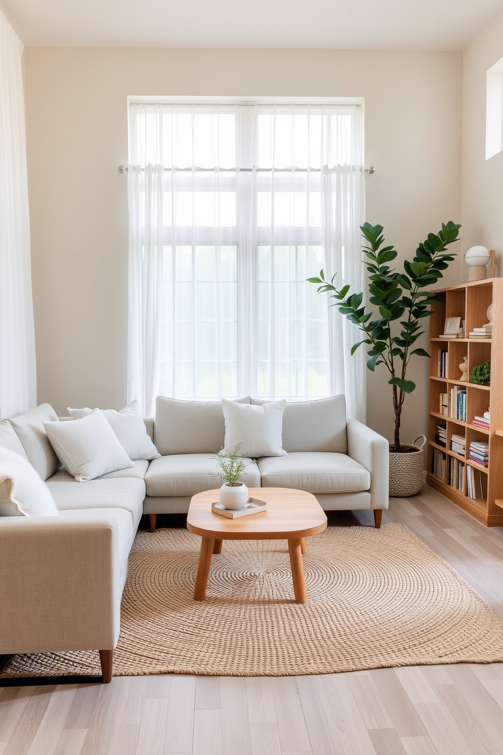 A serene living room designed with a neutral palette featuring soft beige walls and a light gray sofa adorned with plush white throw pillows. A natural wood coffee table sits in the center, complemented by a woven area rug that adds texture and warmth. In the corner, a tall indoor plant brings a touch of greenery, while a minimalist bookshelf displays curated decor items and books. Large windows allow natural light to flood the space, enhancing the calming atmosphere with sheer white curtains gently framing the view.