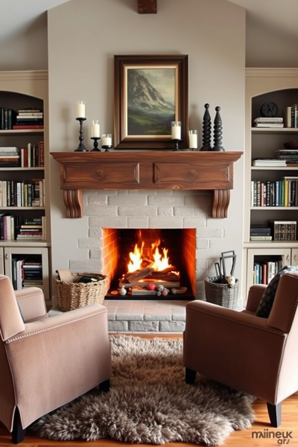 Create a cozy fireplace area that invites relaxation and warmth. The fireplace is framed by a rustic mantel adorned with candles and framed artwork, while a plush area rug lies in front of it. On either side of the fireplace, there are built-in bookshelves filled with an eclectic mix of books and decorative items. A pair of comfortable armchairs, upholstered in soft fabric, are positioned to face the fire, creating an intimate seating arrangement.