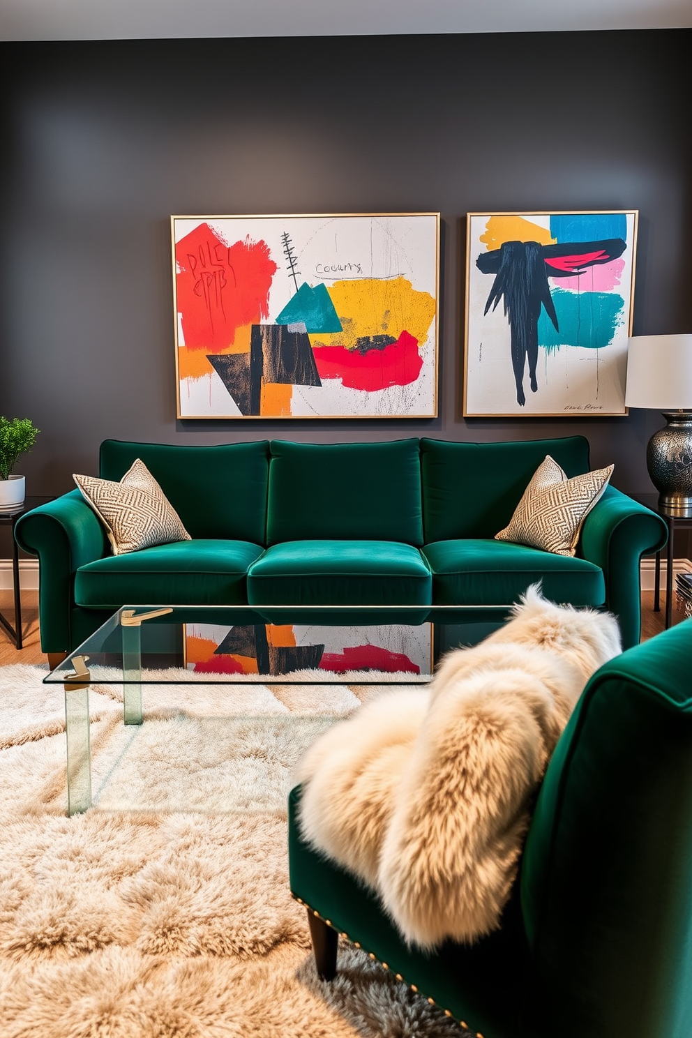 A stylish living room featuring a statement piece of furniture. A bold, oversized velvet sofa in deep emerald green takes center stage, complemented by a sleek glass coffee table in front. The walls are adorned with abstract art in vibrant colors that echo the sofa's hue. A plush area rug in neutral tones anchors the space, while decorative throw pillows add texture and warmth.