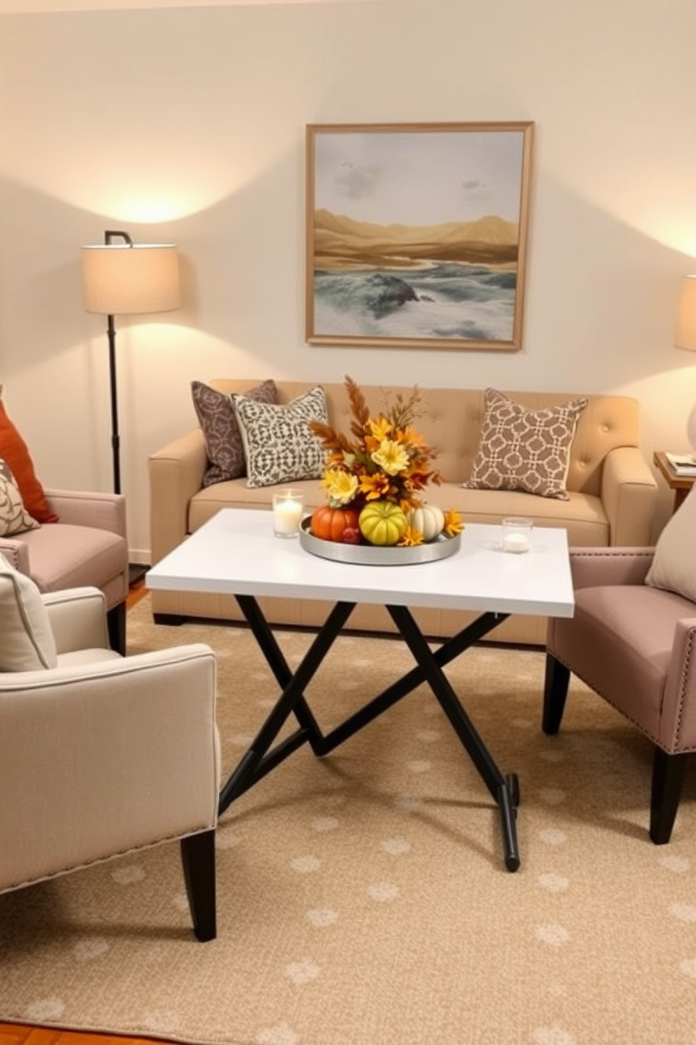 Create a cozy living room setting that features a stylish foldable table as the centerpiece, allowing for flexible use of space. Surround the table with comfortable seating options, such as a plush sofa and a couple of accent chairs, creating an inviting atmosphere. Incorporate warm lighting through a combination of floor lamps and wall sconces to enhance the ambiance. Use autumn-inspired decor elements like throw pillows and a seasonal centerpiece on the table to celebrate Labor Day in style.