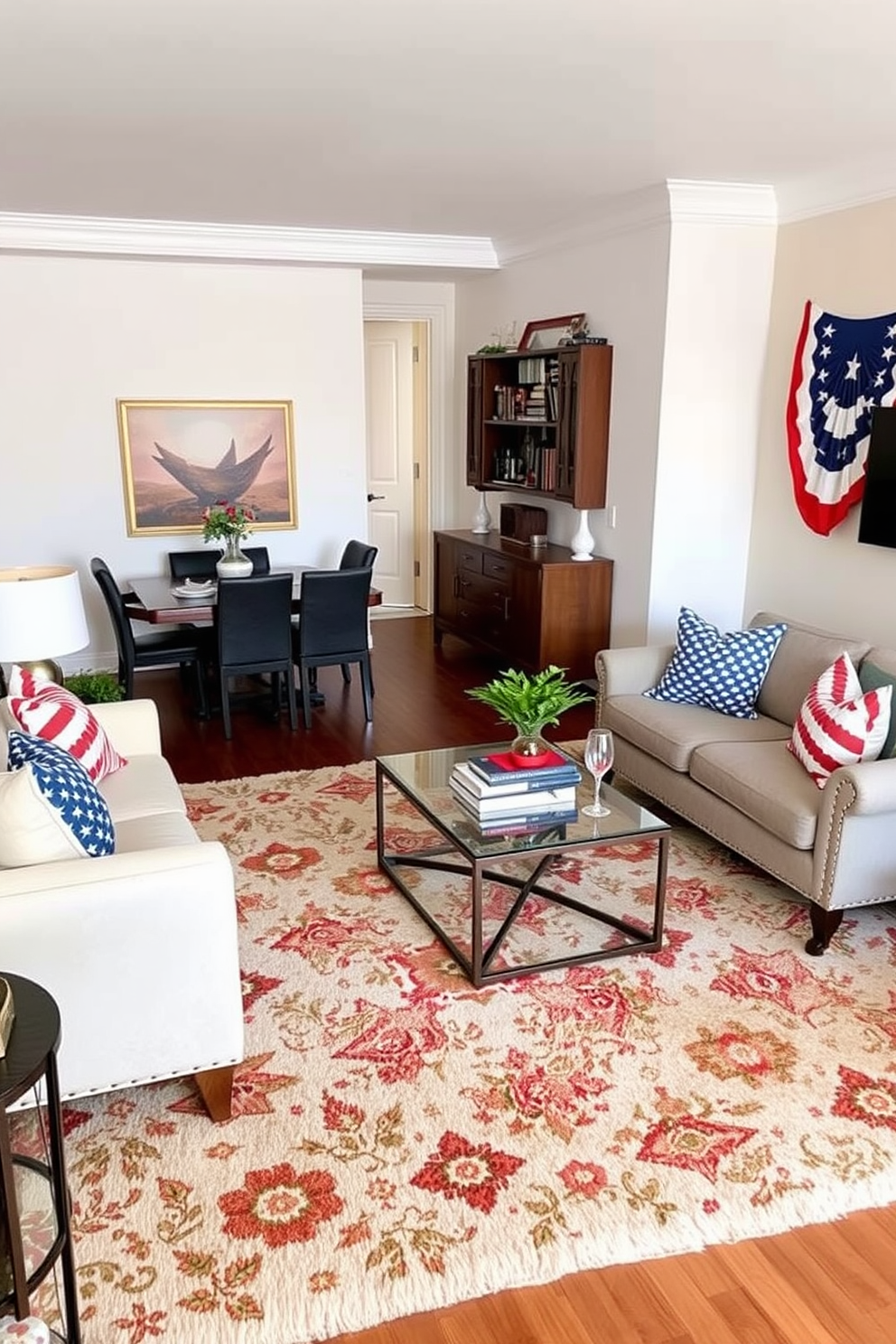 A stylish living area featuring a plush area rug that delineates the seating space from the dining area. The rug is adorned with intricate patterns that complement the surrounding furniture and decor. Incorporate festive decorations that celebrate Labor Day, such as red, white, and blue accents throughout the apartment. Use throw pillows and table settings that reflect the holiday spirit while maintaining a cohesive design aesthetic.