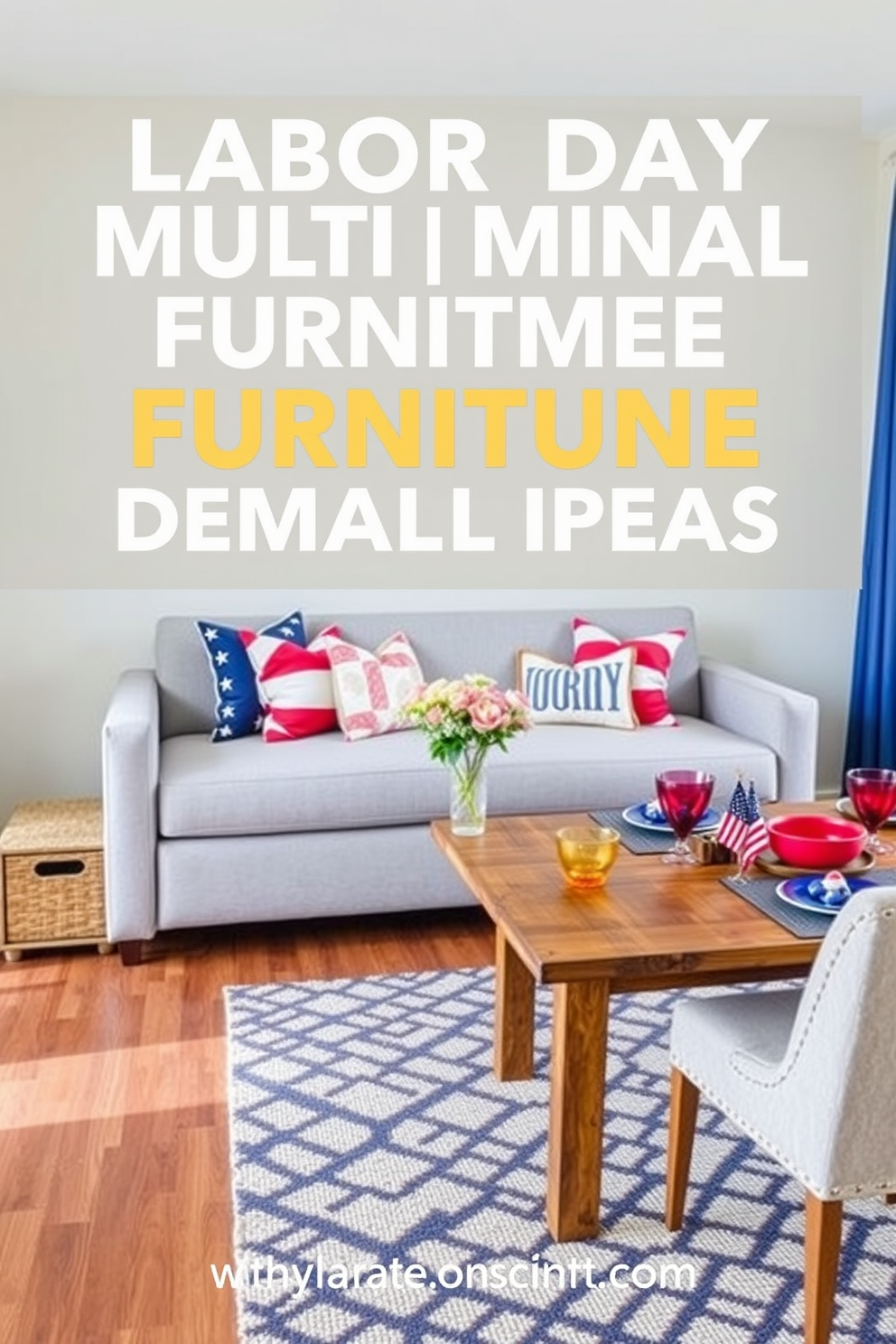 Choose multifunctional furniture for small spaces. A sleek sofa bed in a light gray fabric sits against the wall, complemented by a stylish coffee table that doubles as a storage unit. Labor Day Apartment Decorating Ideas. Incorporate vibrant throw pillows in red, white, and blue on the sofa, and add a festive table setting with a rustic wooden table and colorful tableware.