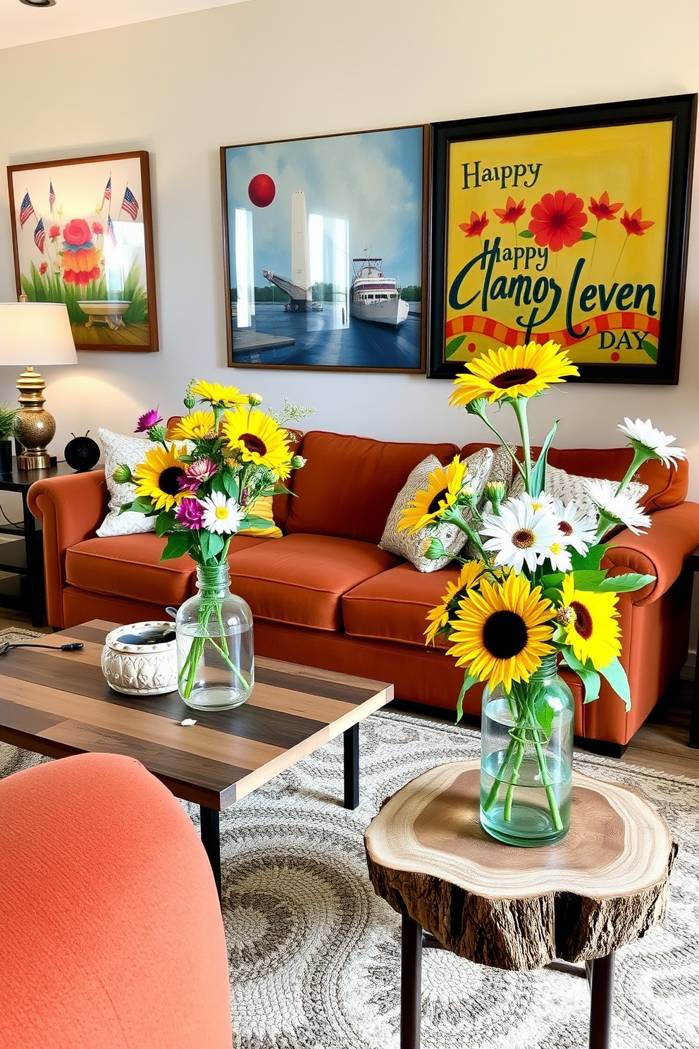 A cozy living room adorned with seasonal flowers in elegant vases. The space features a plush sofa in warm tones, complemented by a soft area rug and a coffee table made of reclaimed wood. On the walls, artwork reflects the spirit of Labor Day with vibrant colors and themes of celebration. A small side table holds a vase filled with fresh sunflowers and daisies, adding a cheerful touch to the room.