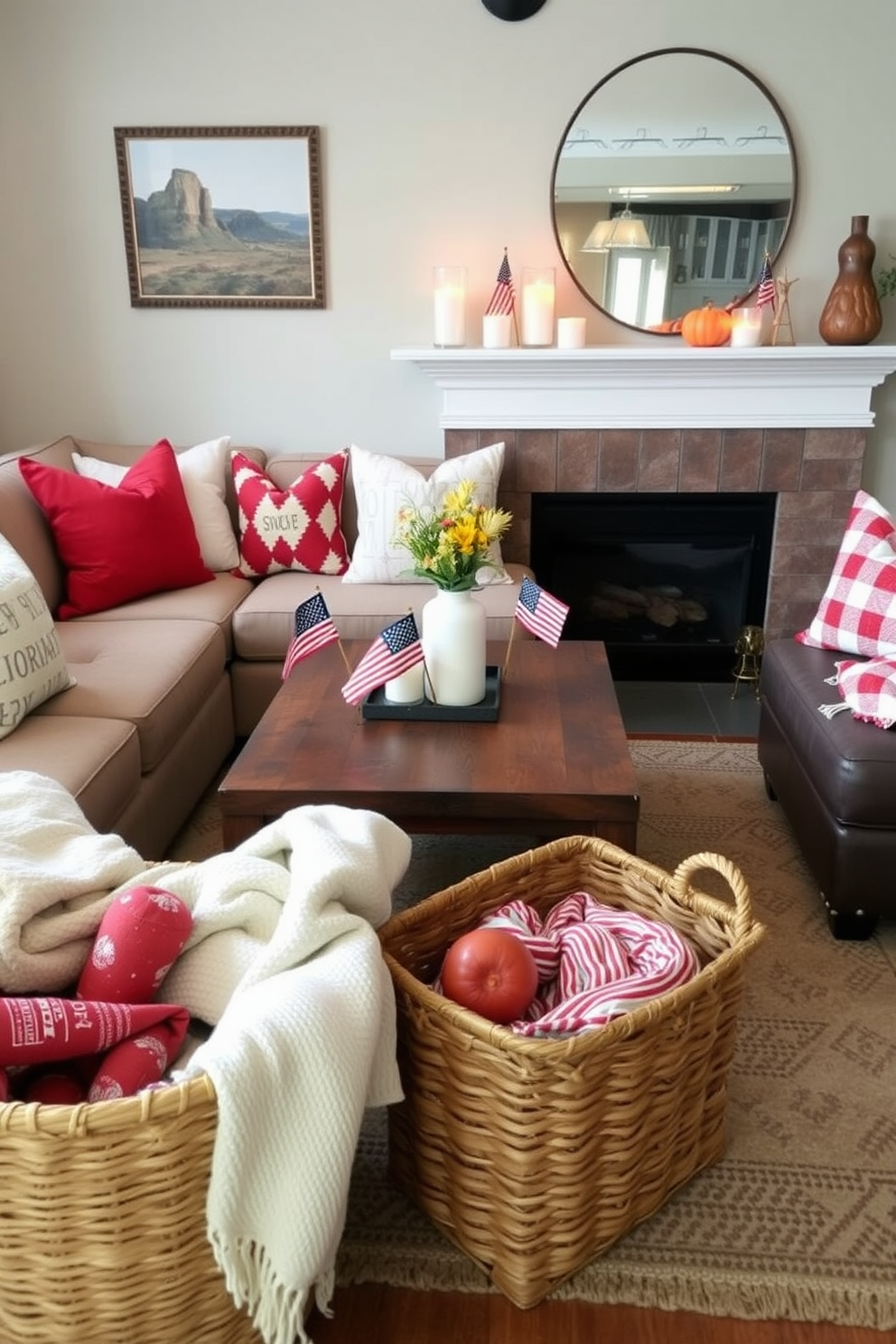 A cozy living room setting for Labor Day celebrations. The space features a comfortable sectional sofa adorned with red and white throw pillows, and a rustic coffee table made of reclaimed wood sits in the center. On the mantel, seasonal candles in autumn scents like pumpkin spice and cinnamon are arranged alongside small American flags. A woven basket filled with cozy blankets is placed near the sofa, inviting guests to relax and enjoy the holiday atmosphere.