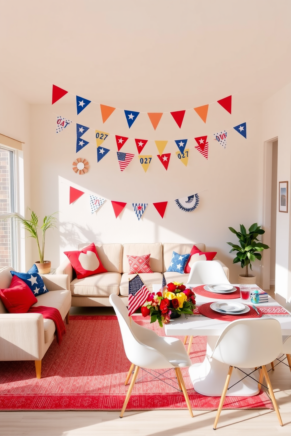 Create a vibrant living room adorned with colorful festive banners that add a cheerful touch to the space. The walls are painted in a light pastel color, and a cozy sofa is complemented by bright throw pillows and a cheerful area rug. Design a stylish Labor Day themed apartment that features red, white, and blue decorations throughout. Incorporate a modern dining table set with patriotic tableware and a centerpiece made of seasonal flowers to celebrate the occasion.