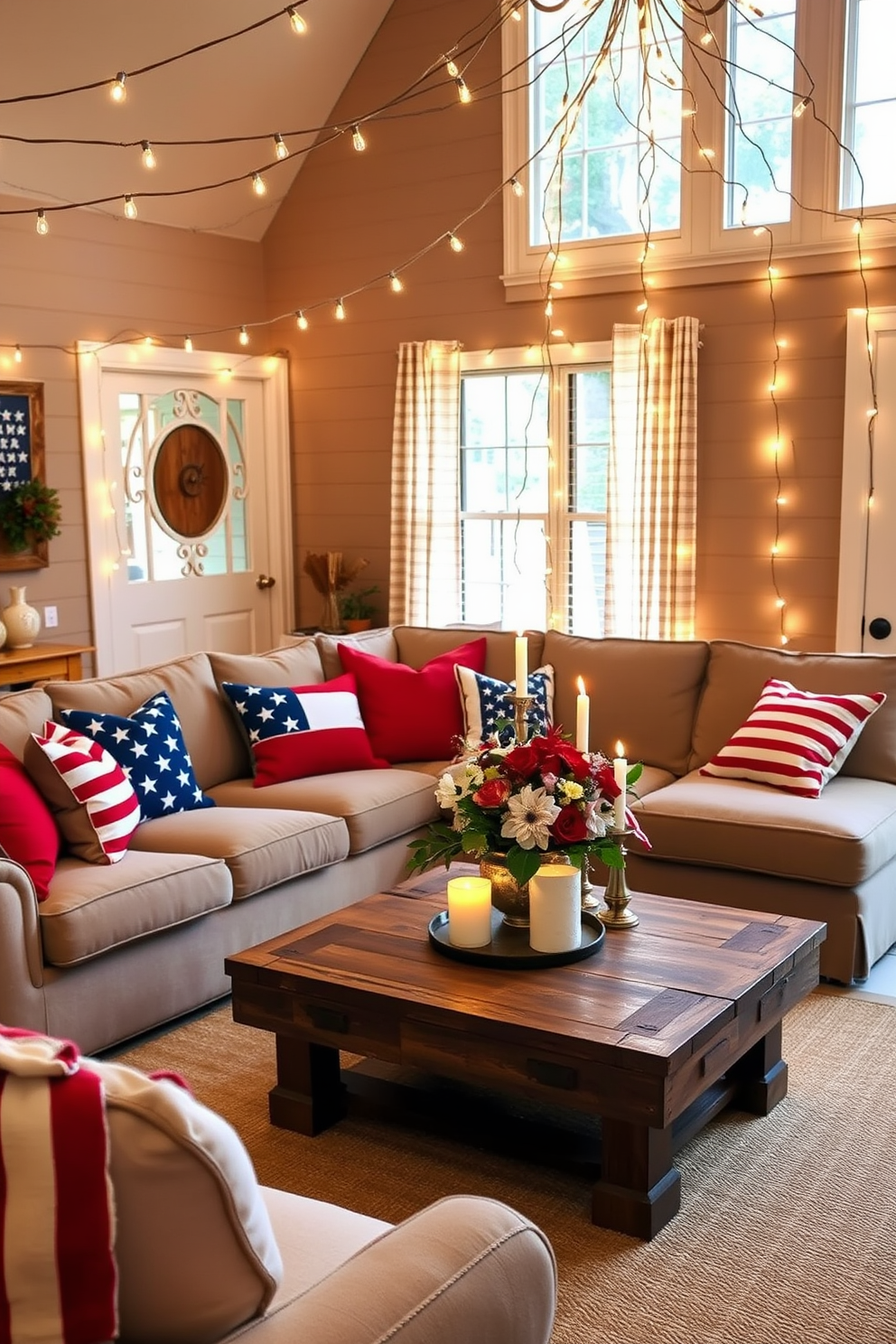 A cozy living room setting that celebrates the spirit of Labor Day. The space features a plush sectional sofa adorned with red, white, and blue throw pillows, creating a patriotic vibe. String lights drape elegantly across the ceiling, casting a warm and inviting glow throughout the room. A rustic coffee table sits in the center, topped with a festive centerpiece of seasonal flowers and candles.