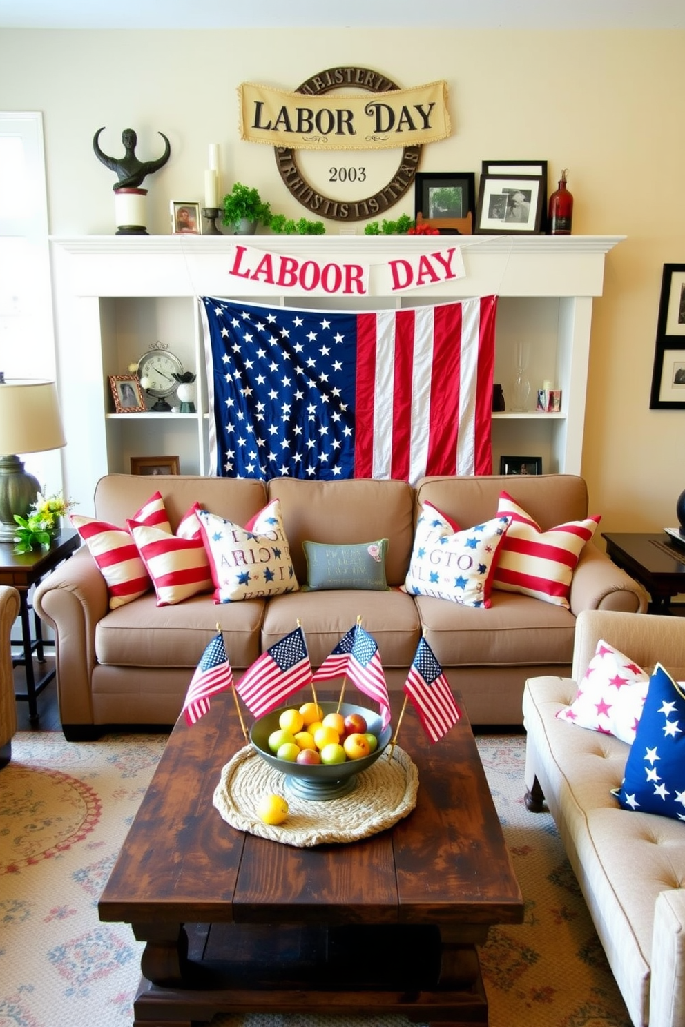 Create a cozy living room scene adorned with patriotic decor for Labor Day. Incorporate a large American flag draped over the back of a comfortable sofa, complemented by red, white, and blue throw pillows scattered across the seating. On a rustic coffee table, arrange a centerpiece featuring miniature flags and a decorative bowl filled with seasonal fruits. Hang a banner with Labor Day greetings above the mantel, and place a few framed photos of past celebrations on the shelves.