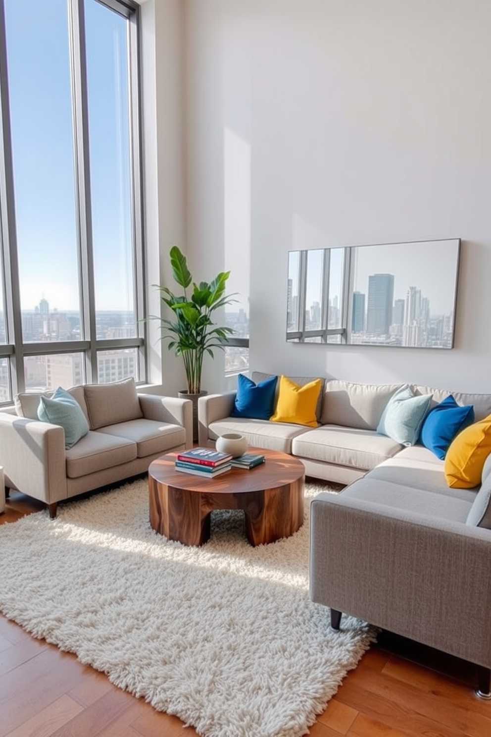 A modern living room filled with natural light. Large floor-to-ceiling windows provide a view of the city skyline, and a sleek mirror hangs opposite to reflect the sunlight. The space features a comfortable sectional sofa in a soft gray fabric. A round coffee table made of reclaimed wood sits in the center, adorned with a few stylish books and a decorative bowl. In one corner, a tall indoor plant adds a touch of greenery. The walls are painted in a warm white tone, creating an inviting atmosphere. The room is accented with vibrant throw pillows in shades of blue and yellow. A plush area rug anchors the seating area and adds warmth to the hardwood floor.