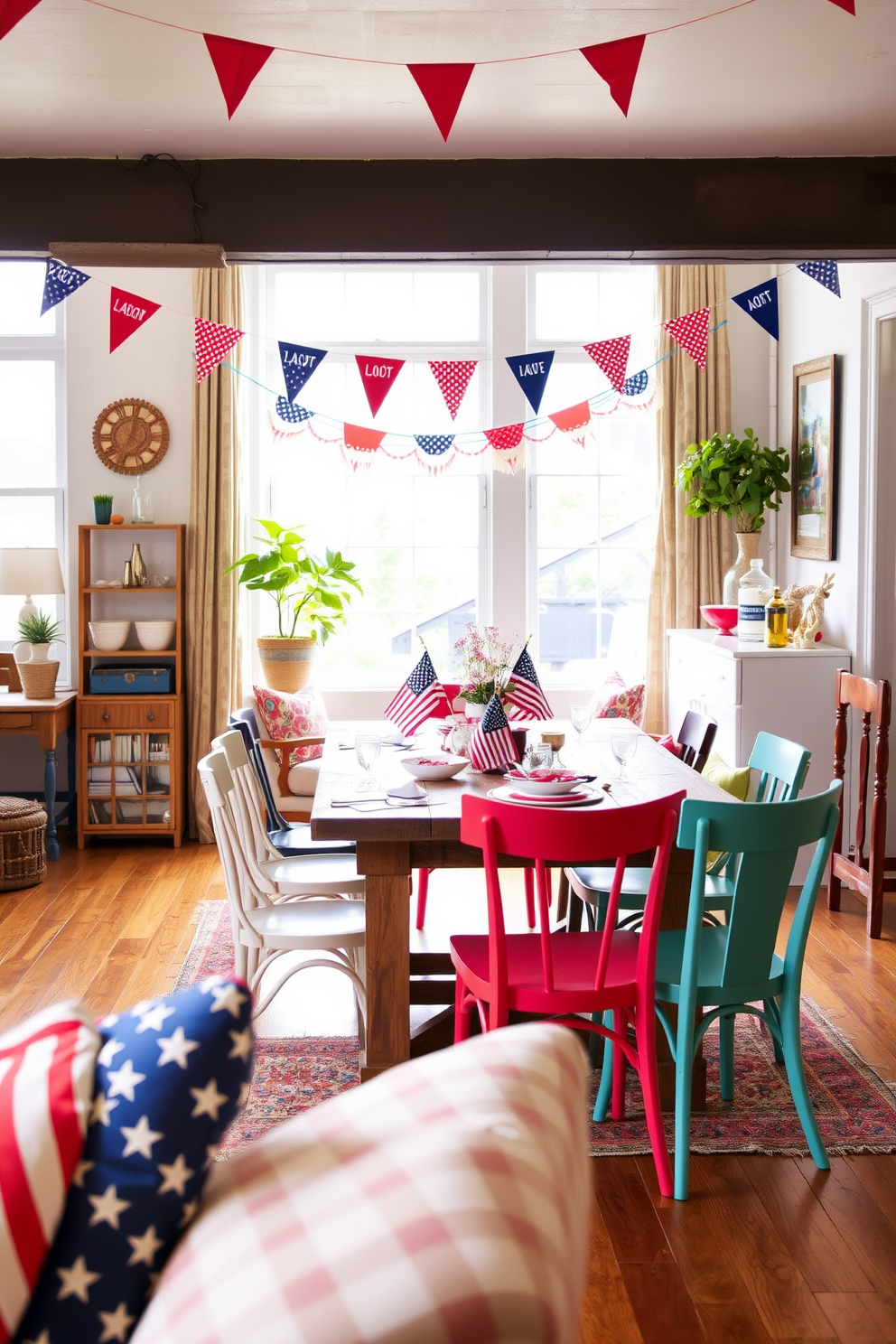 A vibrant dining area featuring a mix of colorful dining chairs that create a playful atmosphere. The table is a rustic wooden piece surrounded by chairs in various styles and hues, adding an eclectic touch to the space. A cozy apartment decorated for Labor Day with red, white, and blue accents throughout. Festive bunting hangs from the ceiling, and a table is set with seasonal decorations, inviting friends and family to celebrate together.