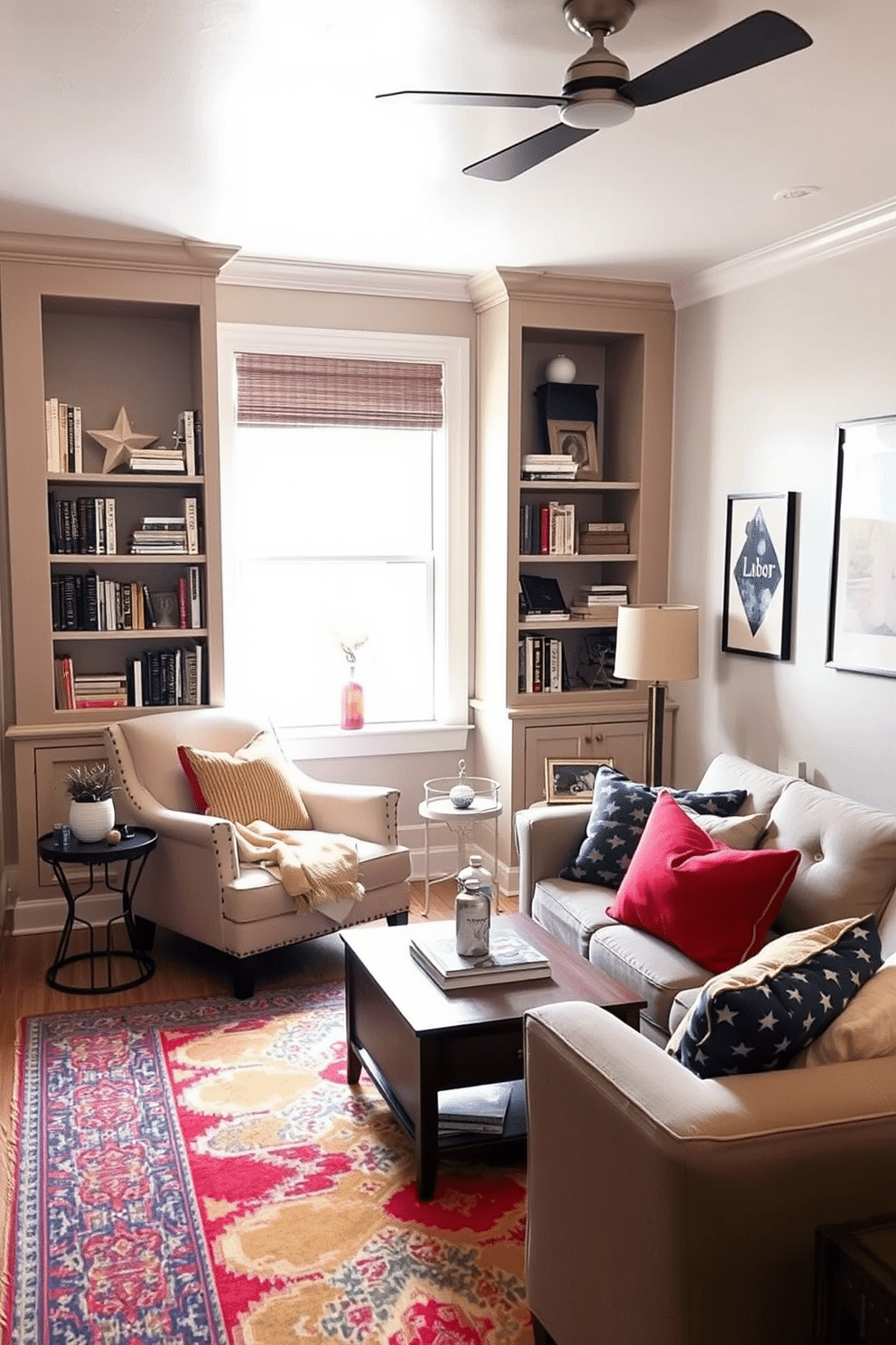 Cozy reading nook with built-in shelves. A plush armchair is positioned near a large window, with soft natural light streaming in. The built-in shelves are filled with books and decorative items, creating an inviting atmosphere. A small side table holds a steaming cup of tea and a cozy blanket draped over the armchair. Labor Day basement decorating ideas. The basement features a comfortable lounge area with a sectional sofa and a large coffee table. Bright throw pillows and a colorful rug add warmth, while wall art reflects a festive Labor Day theme. A mini bar area is set up with drinks and snacks for entertaining guests.