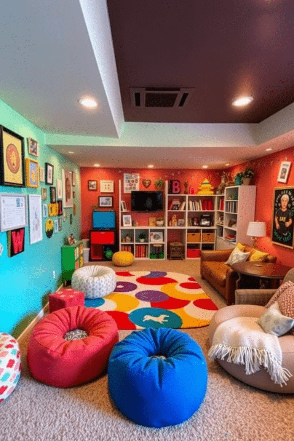 A vibrant playroom filled with playful decor and bright colors. The walls are painted in cheerful hues, and there are various art pieces and playful wall decals that inspire creativity. The space features a soft, colorful rug in the center, surrounded by plush seating options like bean bags and small chairs. Shelves are filled with toys, books, and games, creating an inviting atmosphere for children to explore and enjoy. A cozy basement designed for Labor Day gatherings with a relaxed and inviting atmosphere. The walls are painted in warm earth tones, complemented by comfortable seating arrangements and soft lighting. Decorative elements like throw pillows and blankets add a touch of comfort, while a small bar area serves refreshments. The space is adorned with seasonal decorations to celebrate the holiday, making it perfect for family gatherings.