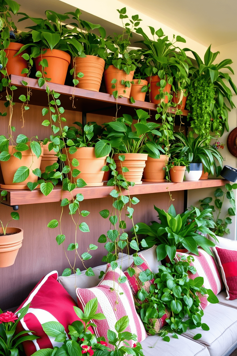 An indoor garden filled with lush potted plants creates a serene atmosphere. Various sizes of planters in earthy tones are arranged on a wooden shelf, with trailing vines cascading down. For Labor Day basement decorating ideas, consider a cozy lounge area with comfortable seating. Incorporate red, white, and blue accents through cushions and throws to celebrate the holiday spirit.