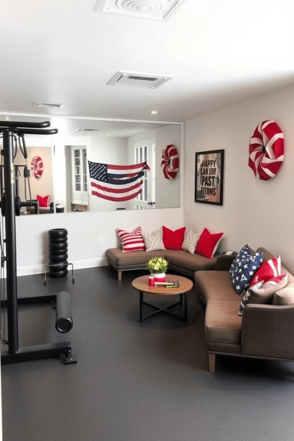 A multi-purpose space designed for workouts and yoga. The area features a soft rubber flooring, large mirrors on the walls, and a variety of fitness equipment neatly organized. For Labor Day basement decorating ideas, the space is adorned with festive decor in red, white, and blue. Comfortable seating arrangements with plush cushions create an inviting atmosphere for gatherings and relaxation.