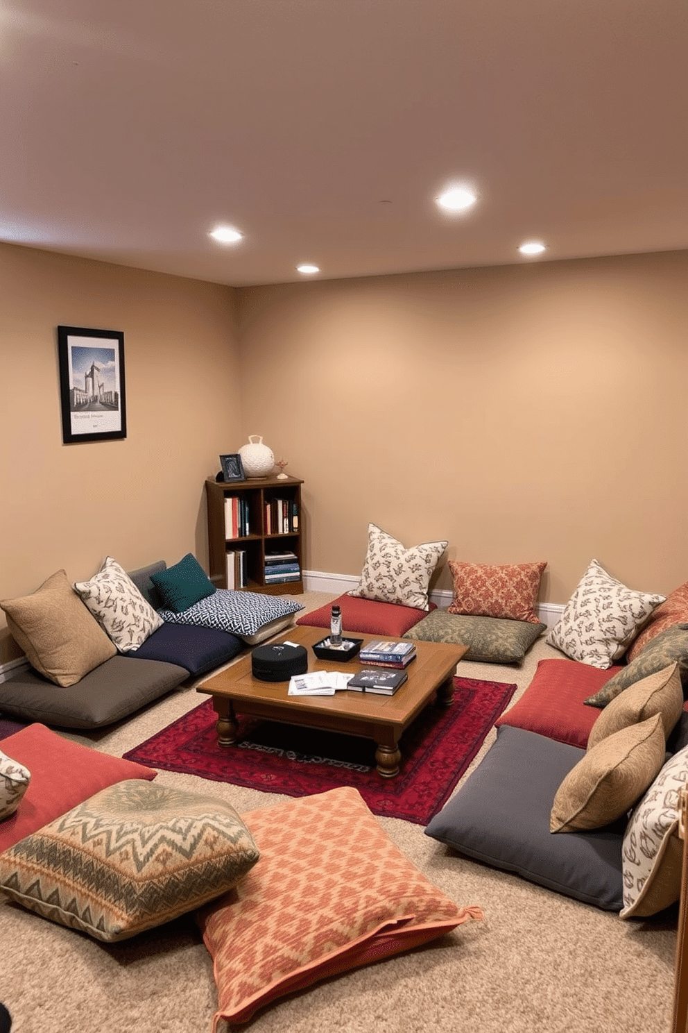 A cozy basement space designed for casual gatherings. Floor cushions in various colors and patterns are scattered around a low wooden coffee table, creating an inviting atmosphere for relaxation and conversation. The walls are painted in a warm neutral tone, complemented by soft ambient lighting. Decorative throw blankets and pillows add comfort, while a small bookshelf in the corner showcases an array of books and games for entertainment.