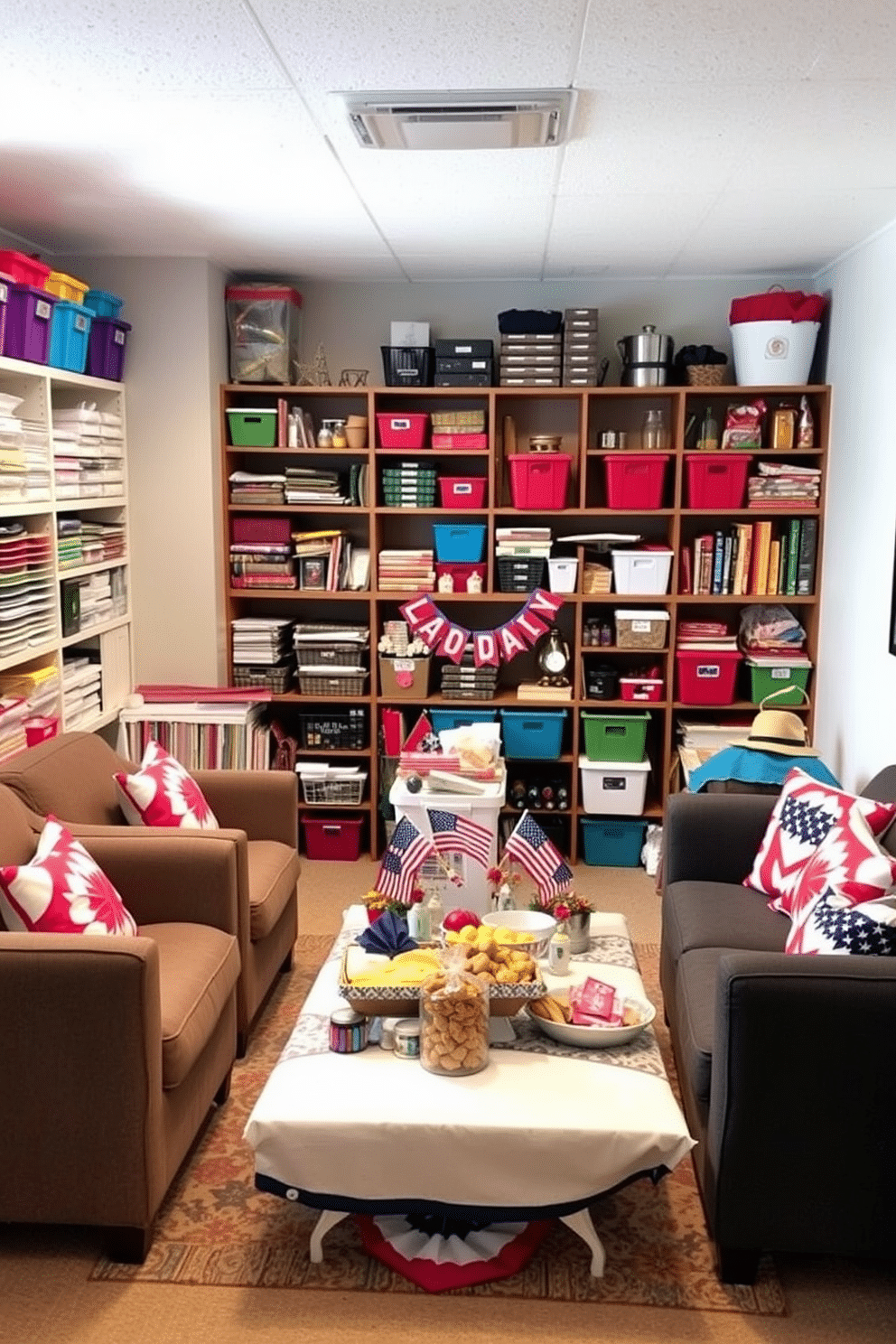 A cozy craft corner filled with organized supplies. Shelves lined with colorful bins hold various materials like papers, paints, and fabrics. The basement is transformed for Labor Day with festive decorations. Comfortable seating areas are arranged around a central table adorned with seasonal decor and snacks.