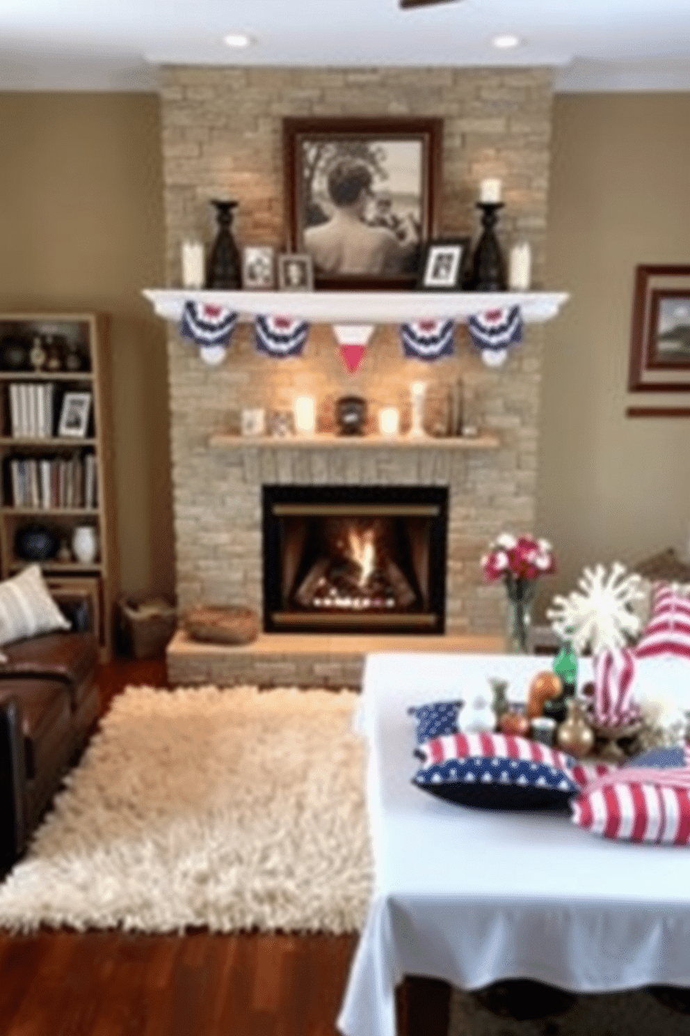 A warm and inviting fireplace is the focal point of the cozy living room. The mantel is adorned with family photos and decorative candles, while a plush area rug lies in front of the crackling fire. For Labor Day, the basement is transformed into a festive gathering space. Colorful banners and cushions create a cheerful atmosphere, and a large table is set for a barbecue feast with friends and family.