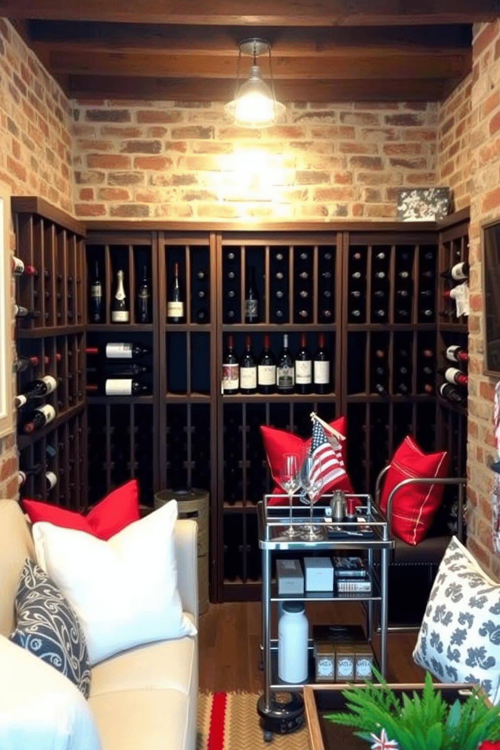 A charming wine cellar with rustic wooden shelving that displays an array of wine bottles. The walls are adorned with exposed brick, and a soft ambient light illuminates the space, creating a warm and inviting atmosphere. For Labor Day basement decorating ideas, envision a cozy gathering space featuring comfortable seating and vibrant throw pillows. The decor incorporates festive elements like red, white, and blue accents, along with a stylish bar cart for entertaining guests.