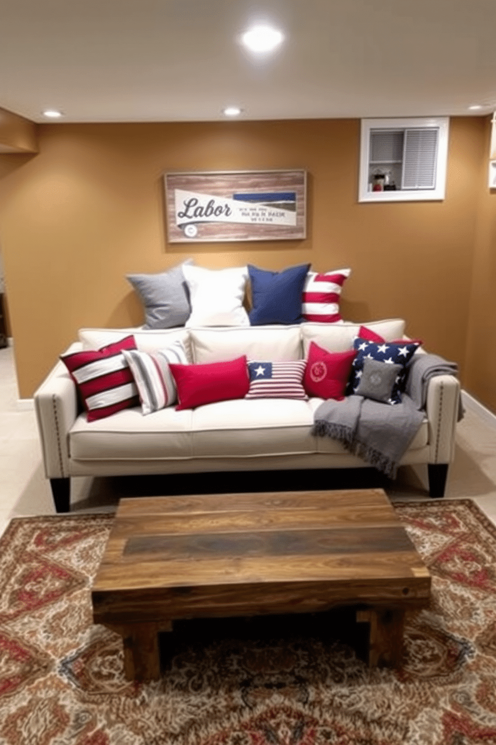 A cozy and inviting basement space designed for guest accommodations. The focal point is a stylish sofa bed adorned with plush cushions, positioned against a backdrop of warm, neutral-toned walls. To enhance the Labor Day theme, colorful throw pillows in red, white, and blue are scattered on the sofa. A rustic coffee table made of reclaimed wood sits in front, surrounded by soft area rugs that add texture and warmth to the room.