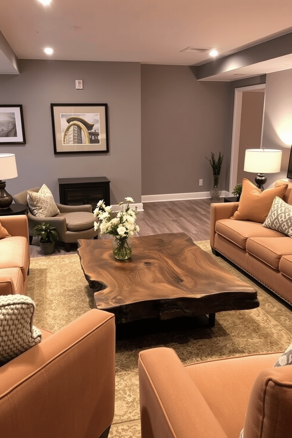 A stylish basement setting featuring an artisan coffee table as the focal point. The coffee table is crafted from reclaimed wood with intricate detailing, surrounded by plush seating in warm, inviting tones. The walls are painted in a soft gray, creating a cozy atmosphere. Decorative elements like framed artwork and ambient lighting add character to the space, making it perfect for relaxation and gatherings.