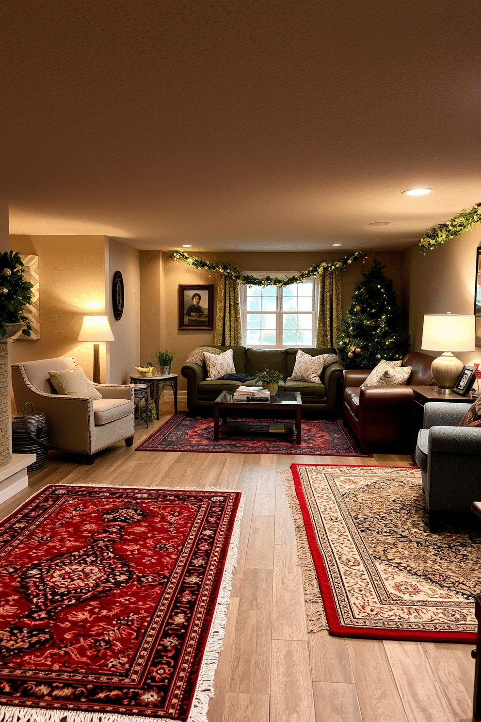 Textured rugs are layered across the floor, adding warmth and comfort to the space. They feature intricate patterns and rich colors that complement the overall decor. The basement is transformed into a cozy retreat for Labor Day gatherings. Comfortable seating arrangements are paired with soft lighting and festive decorations to create an inviting atmosphere.