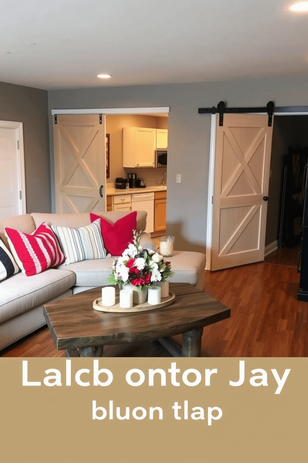 A cozy basement space featuring sliding barn doors that elegantly separate the entertainment area from the utility space. The walls are painted in a warm gray, and the flooring consists of rich hardwood, creating a welcoming atmosphere. For Labor Day, the basement is decorated with festive elements like red, white, and blue throw pillows on a plush sectional sofa. A rustic wooden coffee table is adorned with a centerpiece of seasonal flowers and candles, perfect for gathering with friends and family.